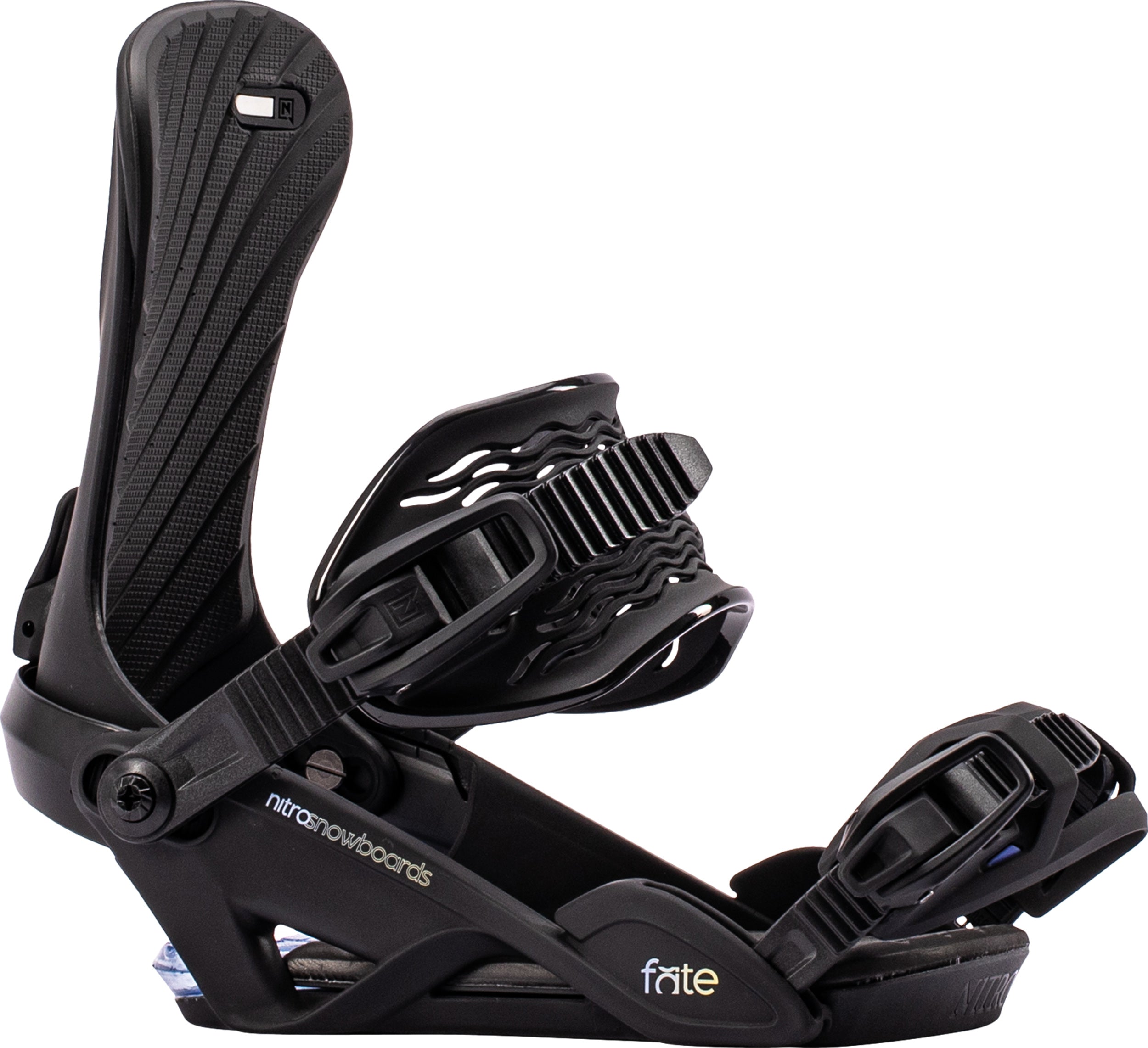 Black Nitro Fate snowboard bindings shown from the side, designed for snowboarding with adjustable straps and high-performance features.