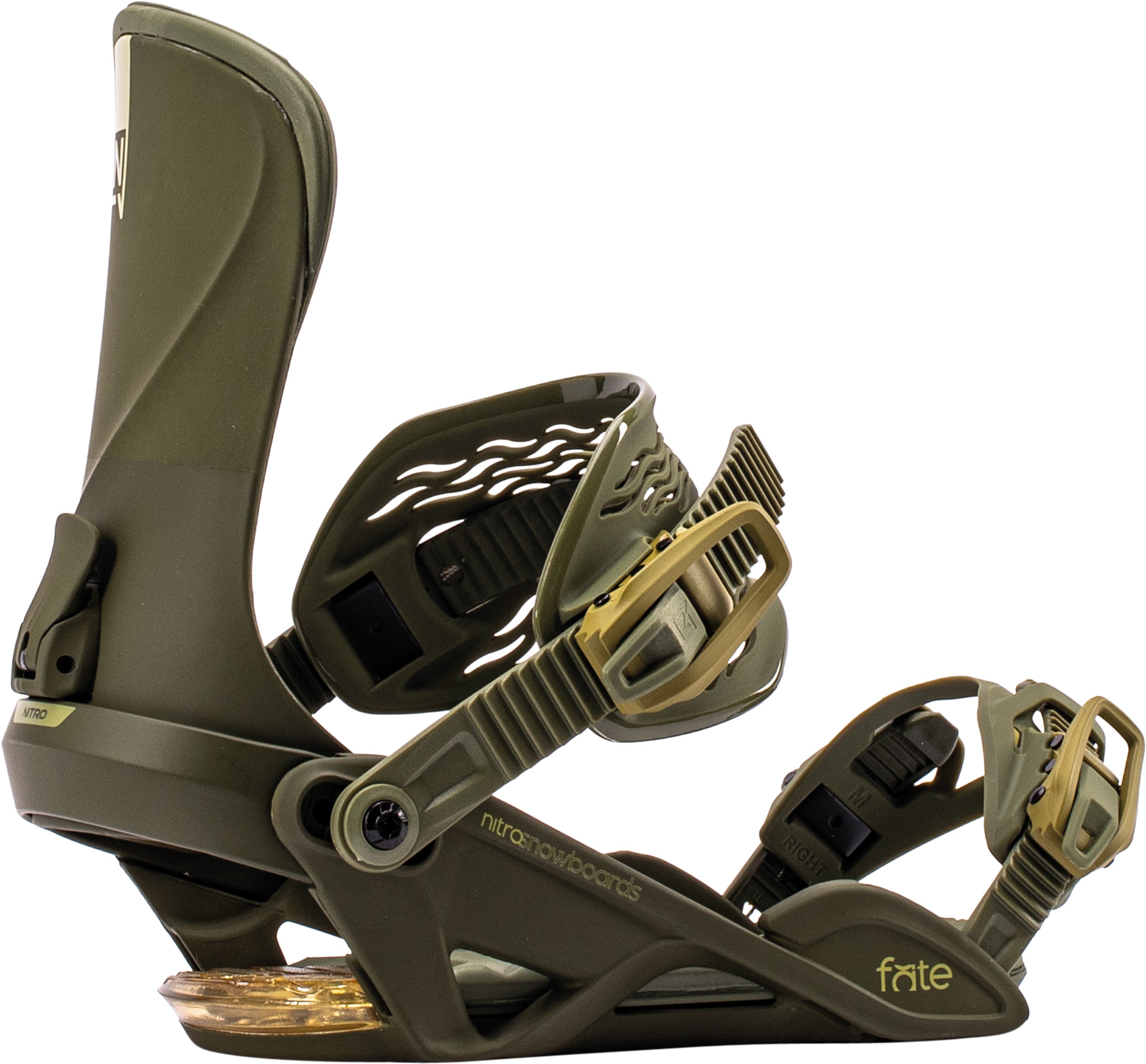 Nitro Fate snowboard bindings 2027, featuring a sleek design and secure straps, shown on a snowboard with Hailey Langland.