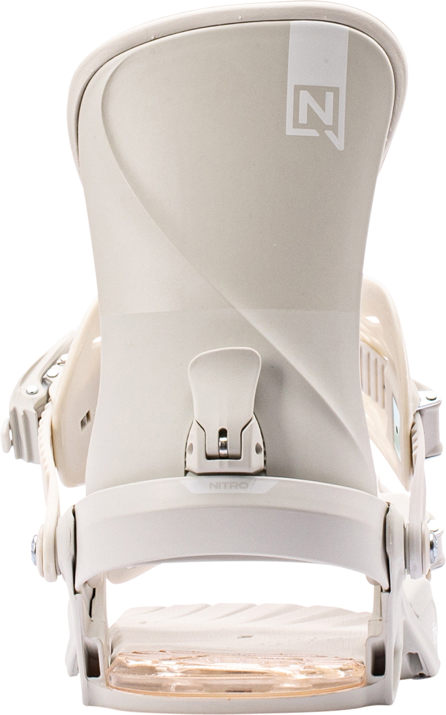 Off-white Nitro Fate snowboard bindings with highback and Milosport design, designed for snowboarding in 2027.