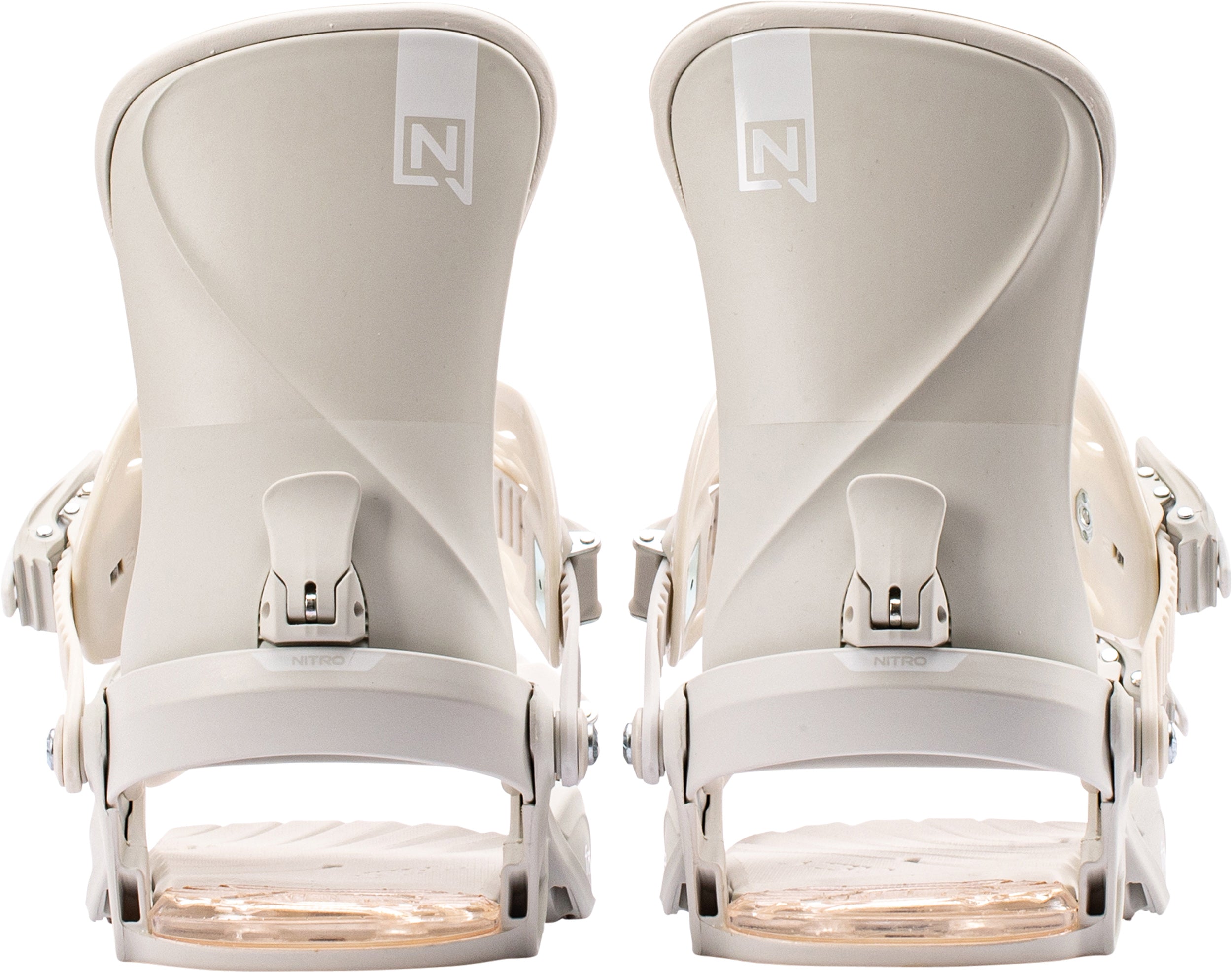 Off-white Nitro Fate snowboard bindings with highbacks, designed for snowboarding in 2027, featuring adjustable straps and high-performance details.