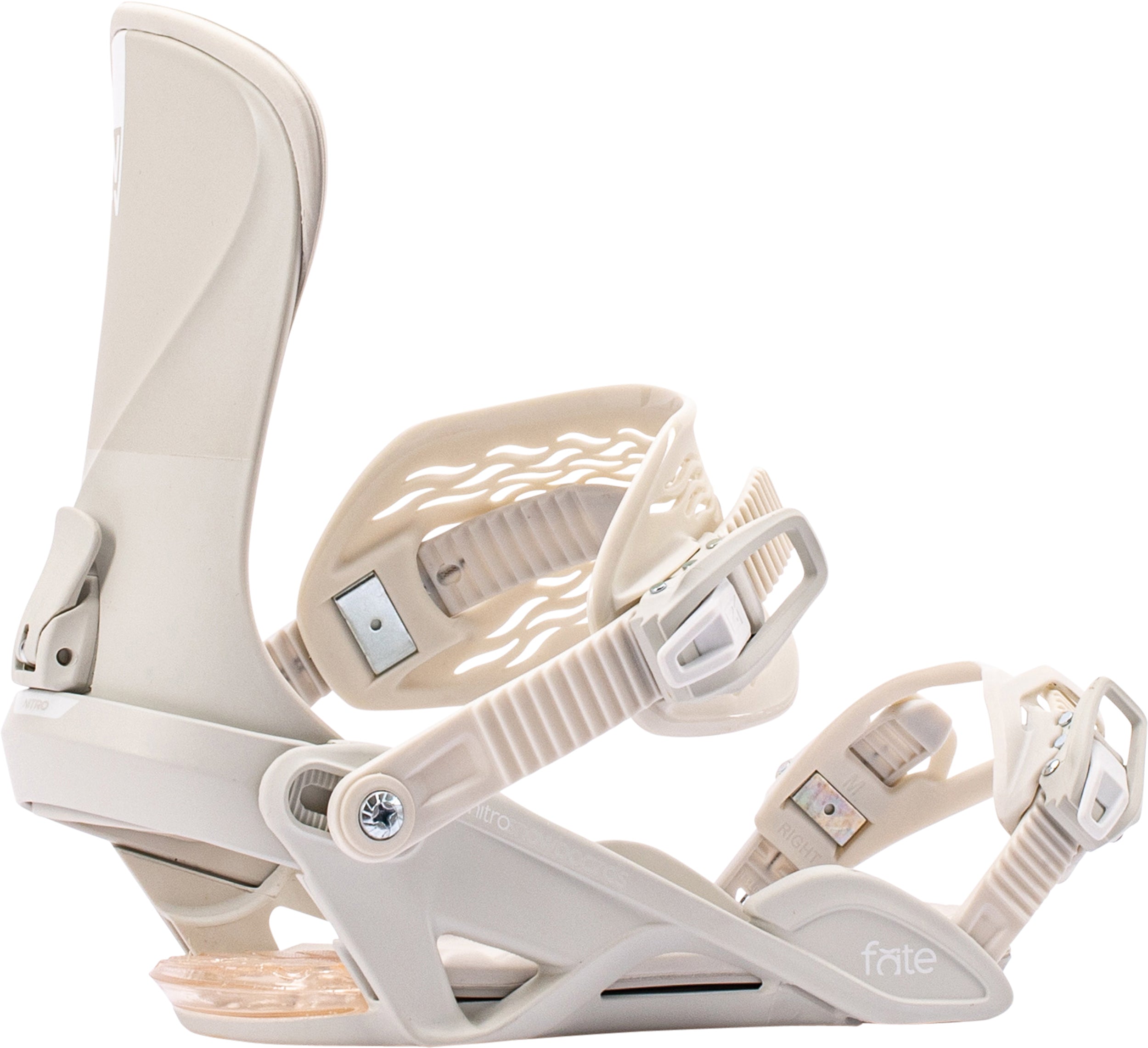 Off-white Nitro Fate snowboard bindings for 2027, featuring adjustable straps and high-performance design for winter snowboarding.
