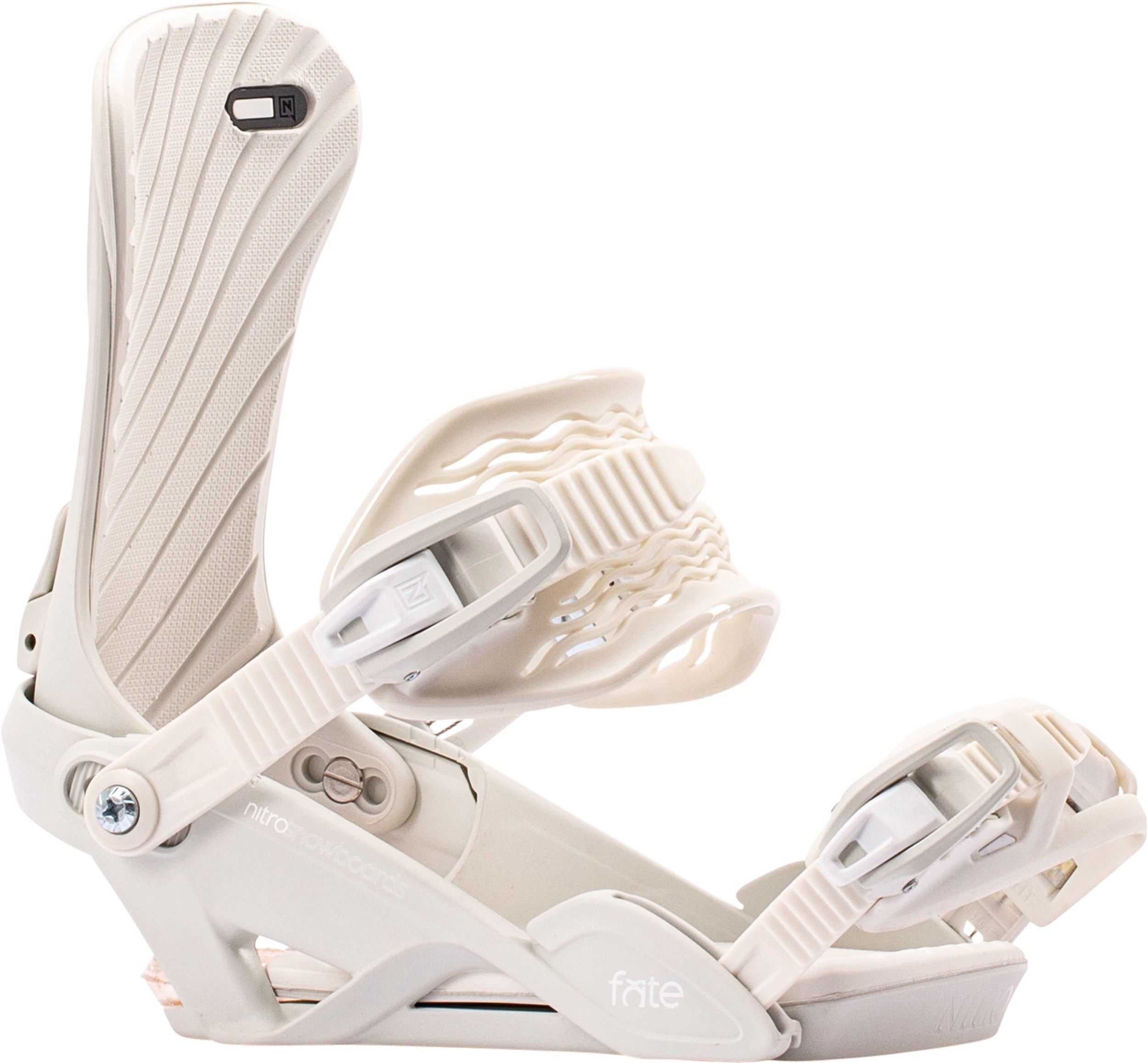 Off-white Nitro Fate snowboard bindings mounted on a snowboard, showing side view and adjustable straps for snowboarding gear.