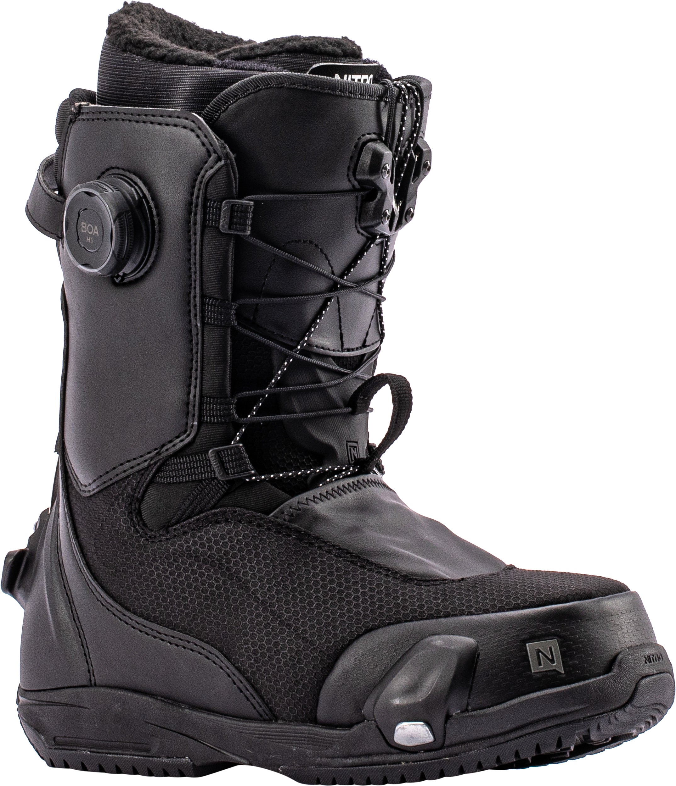 Black Nitro Fate Step On TLS women's snowboard boots for 2027, shown with secure lacing and supportive design on snow.