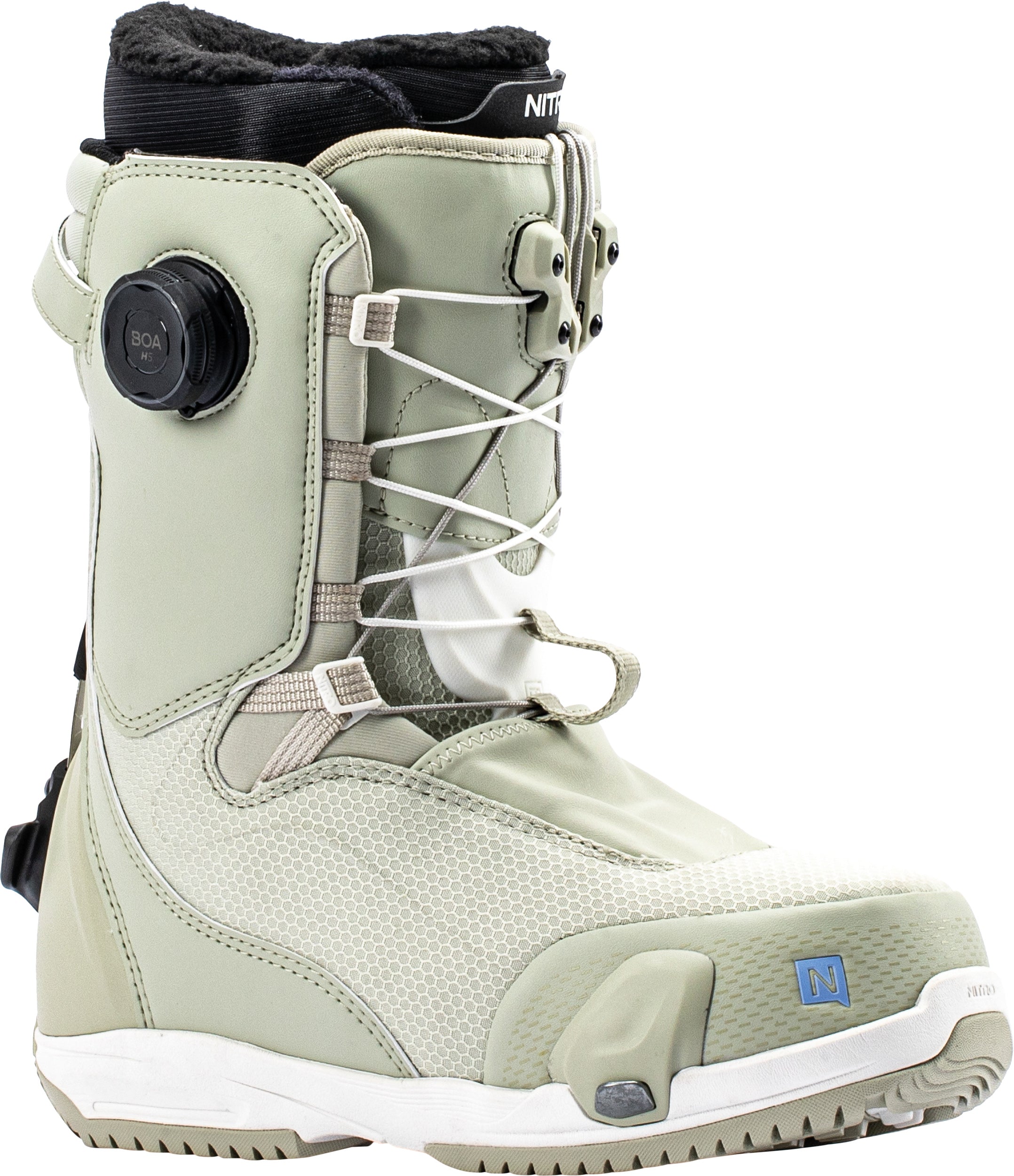 Nitro Fate Step On TLS women's snowboard boots in sage color, designed for snowboarding performance and comfort.