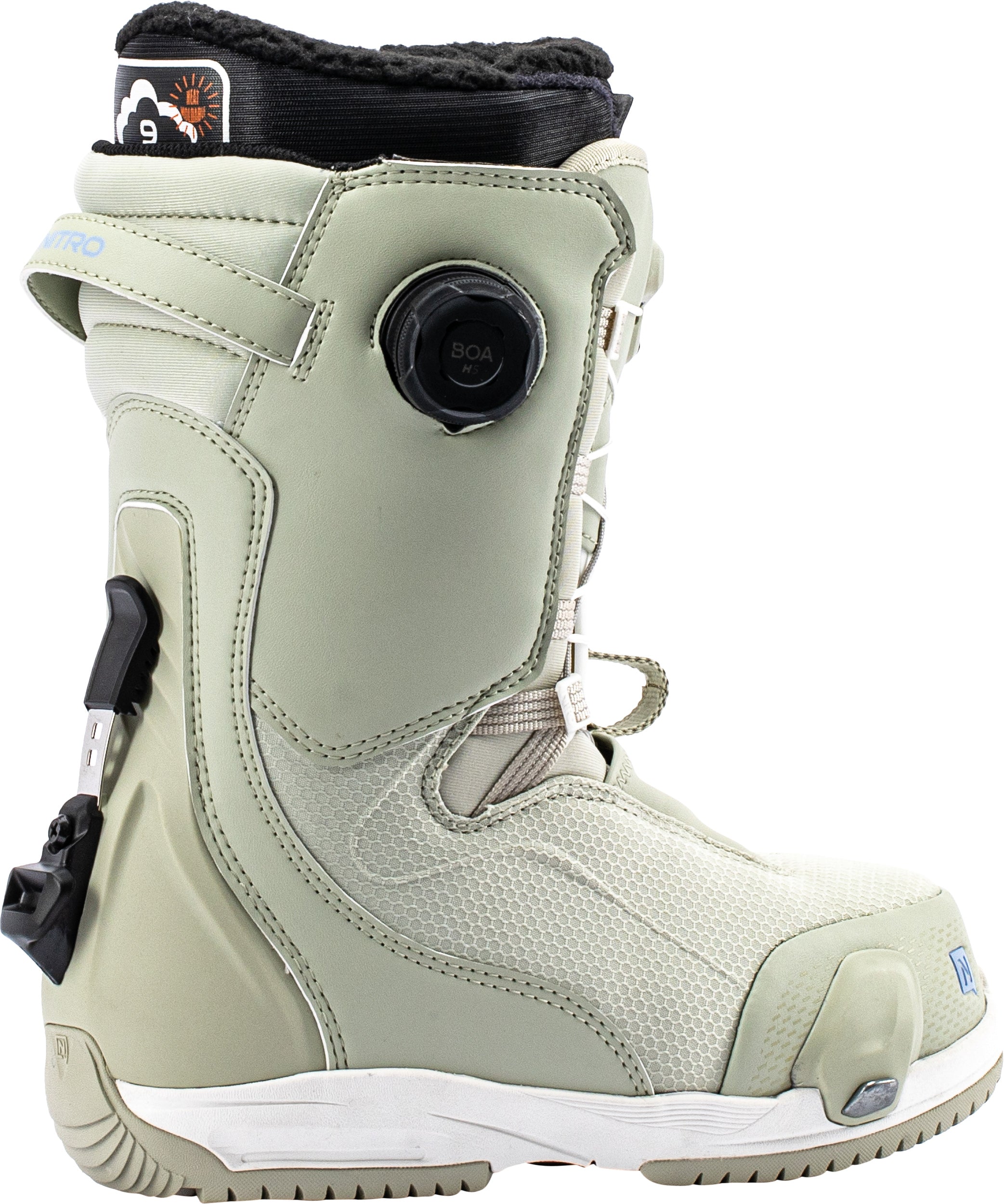 Nitro Fate Step On TLS women's snowboard boots in sage color, showing side view with lacing and sturdy sole for snowboarding.