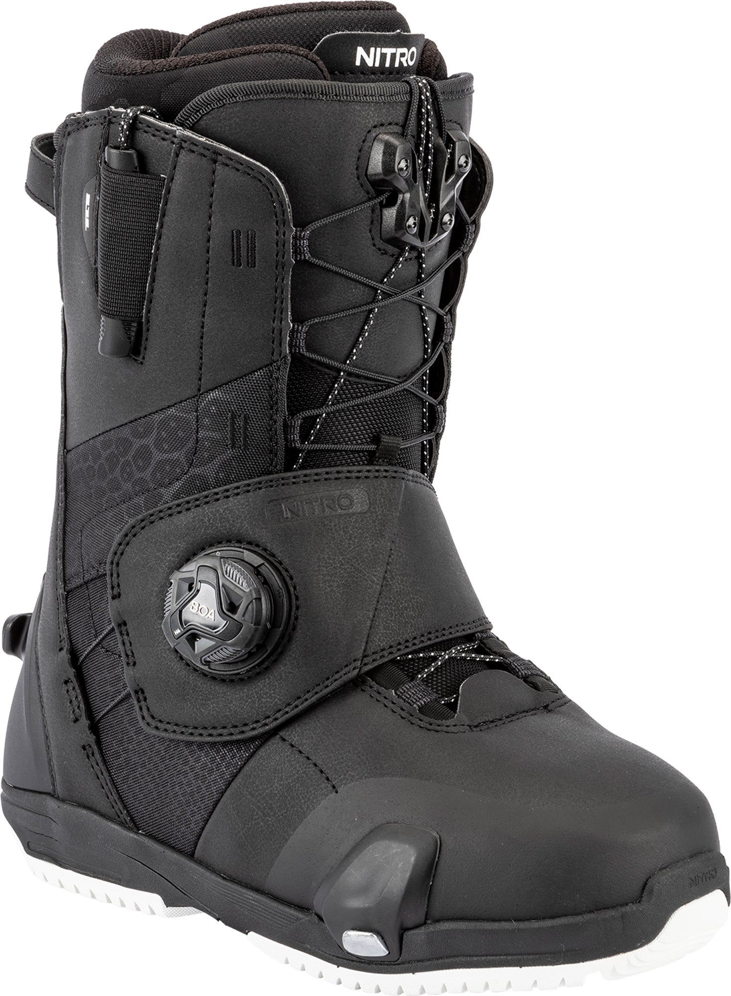 Black Nitro Monarch TLS women's snowboard boots for 2027 with step-on design, shown from an overview angle.