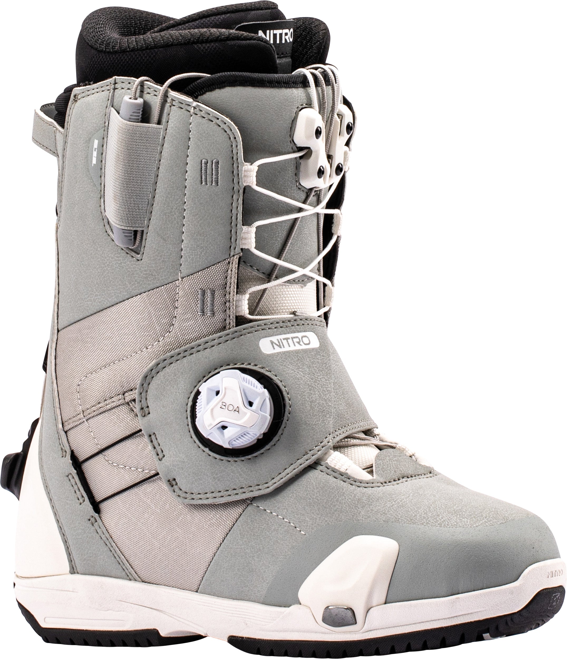 Grey Nitro Monarch TLS women's snowboard boots with step-on design, featuring snow-ready features and durable construction.