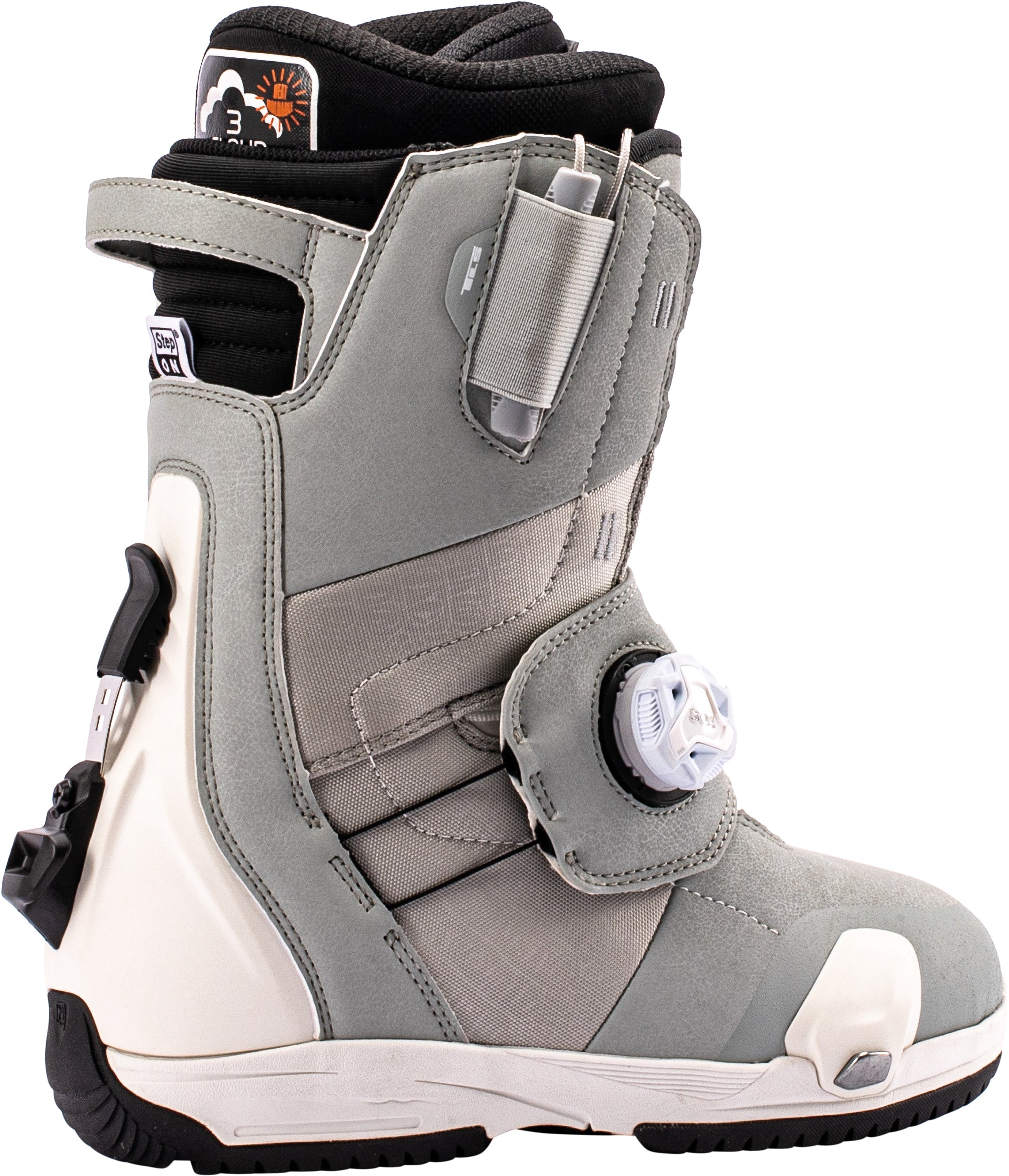 Nitro Monarch Step On TLS women's snowboard boots in grey, designed for snowboarding with side view and secure step-on binding.