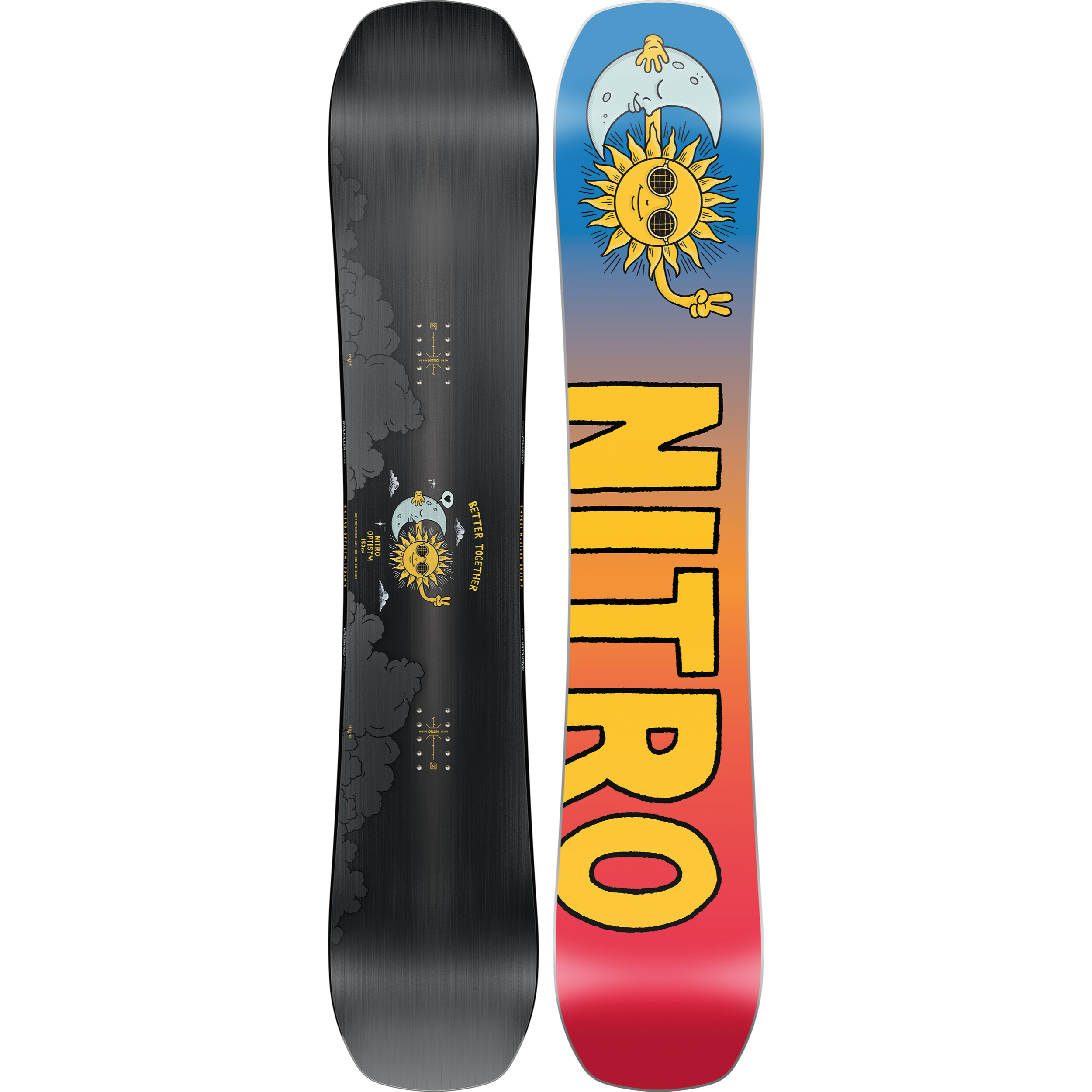 Nitro Optisym women's snowboard 2027 featuring a sleek design and snowboard shape, ideal for all-mountain snowboarding.
