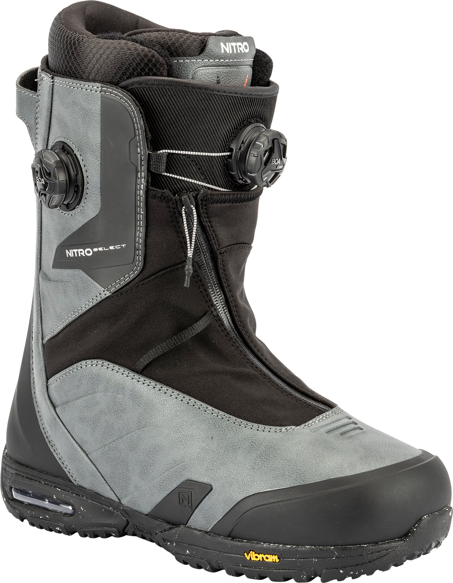 Nitro Select Boa Snowboard Boots 2027 in black with white accents, showcasing the snowboard boot design and Boa lacing system.