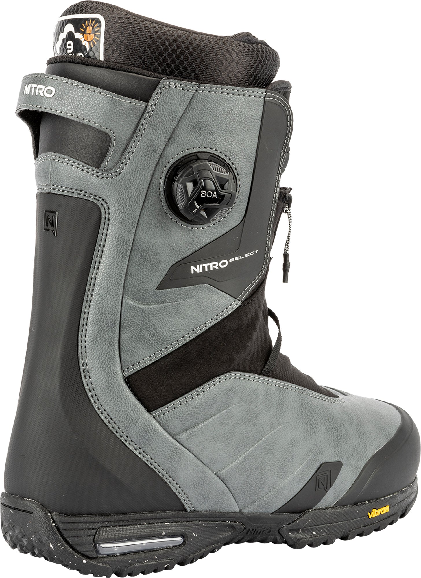 Side view of Nitro Select Boa Snowboard Boots 2027 showing black and gray design with Boa lacing system and sturdy sole.