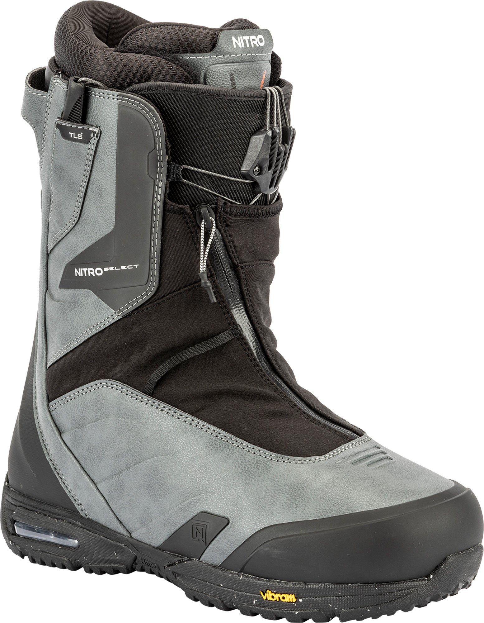 Nitro Select TLS+ snowboard boots 2027 with black and gray design, featuring secure lacing system and padded collar for snowboarding.