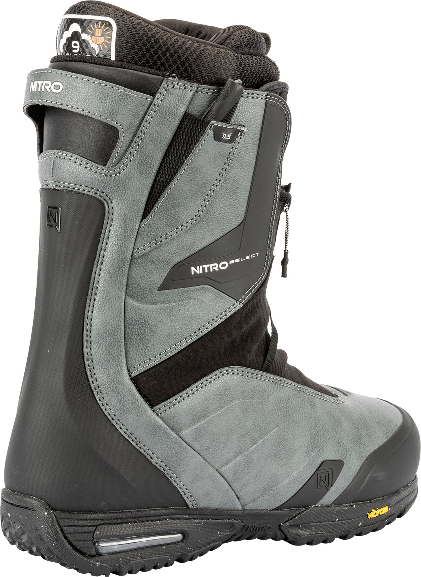 Nitro Select TLS+ snowboard boots for 2027, side view showing black and gray snowboarding boot with secure lacing system.