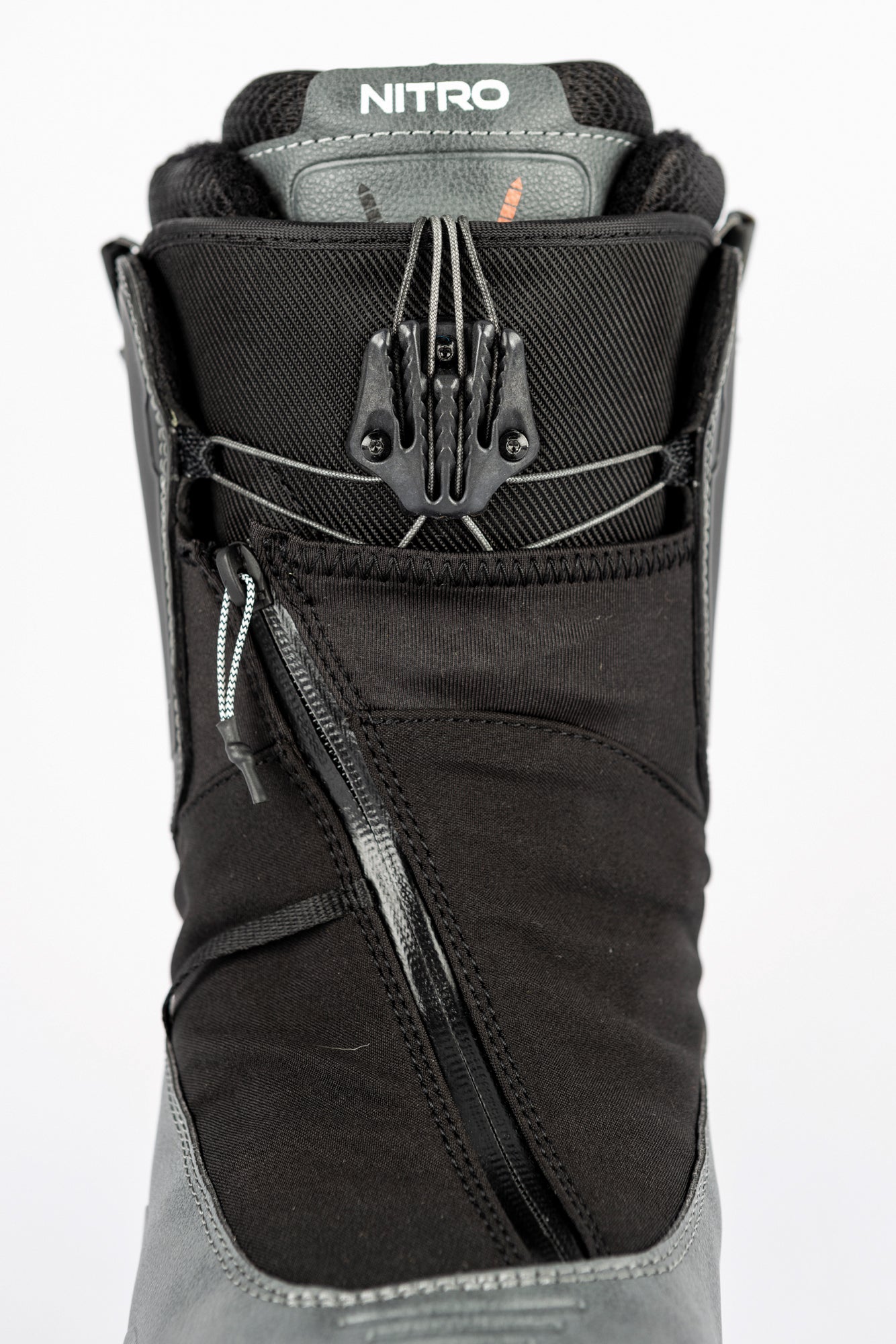 Nitro Select TLS+ snowboard boots 2027 with zipper closure, black and gray design, designed for winter snowboarding.