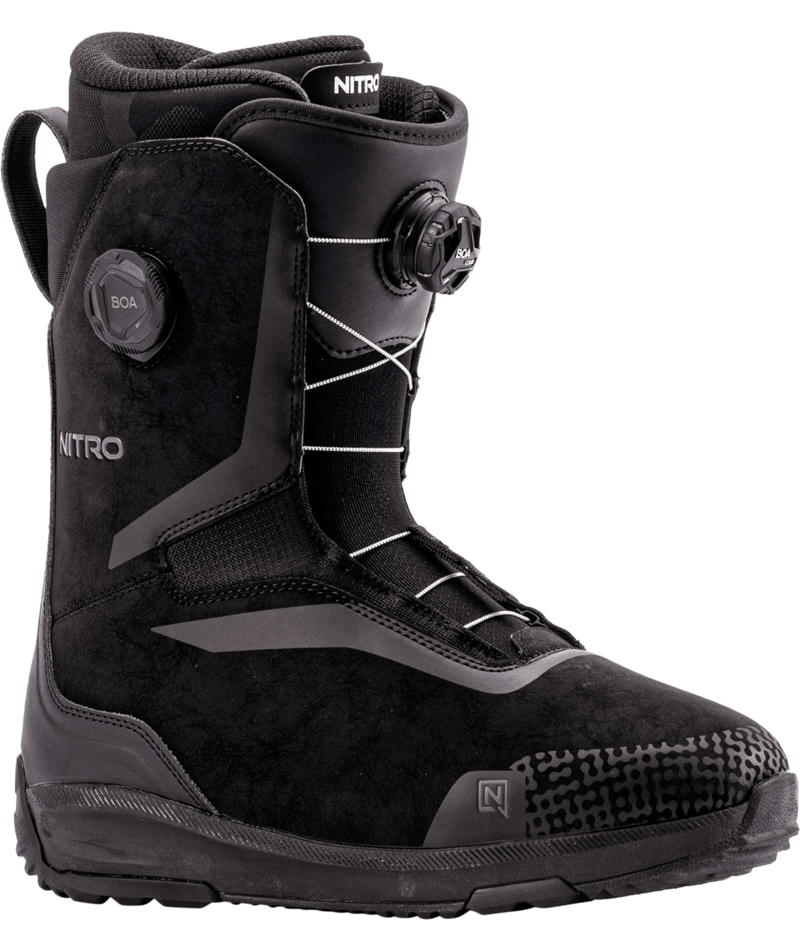 Black Nitro Sentinel Boa snowboard boots for snowboarding, featuring a sleek design and secure Boa lacing system.