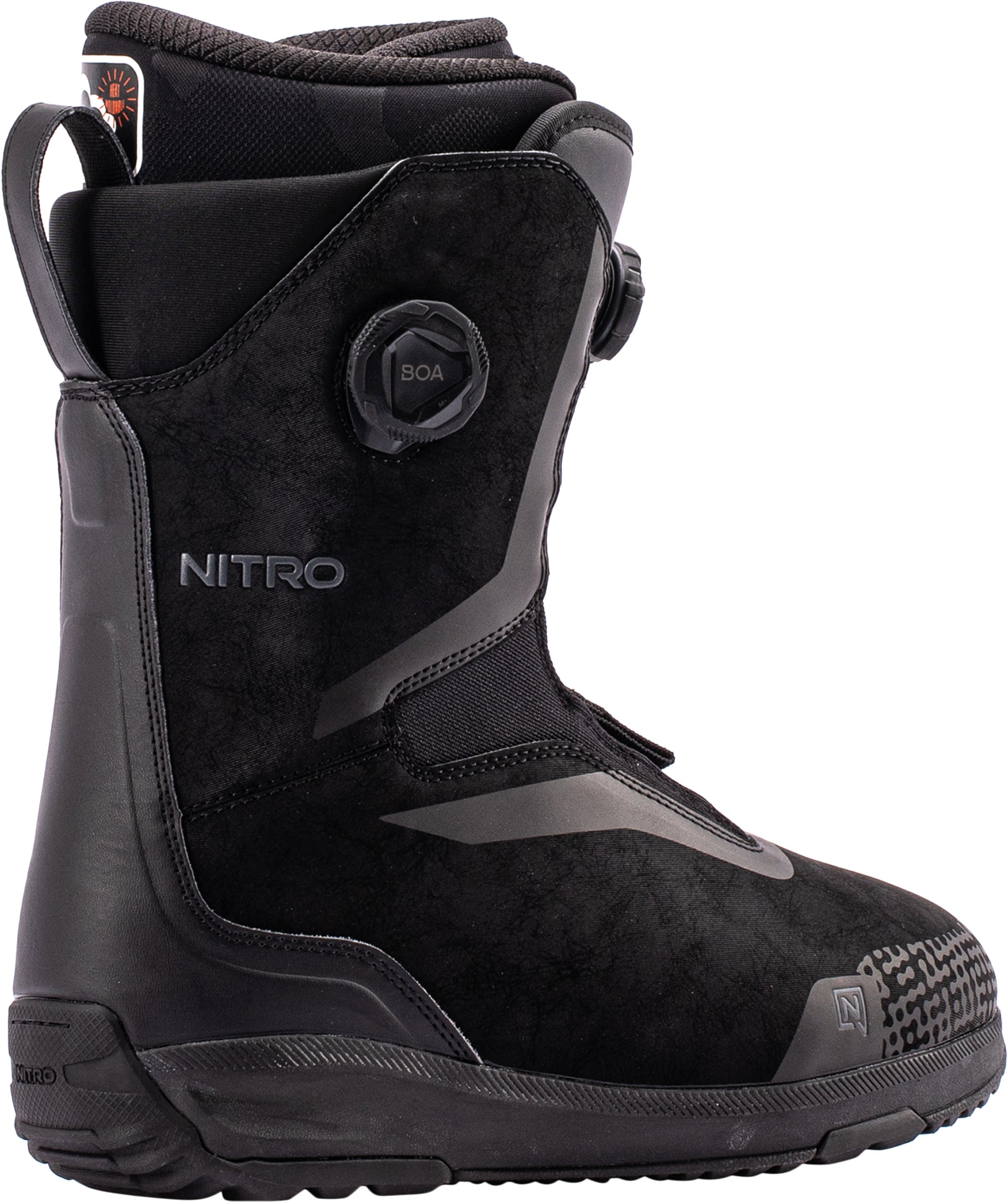 Black Nitro Sentinel Boa snowboard boots with side lacing and sleek design, ideal for winter snowboarding.