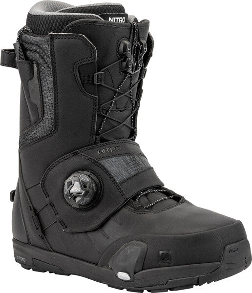 Black Nitro Profile Step On TLS snowboard boot for 2025 with secure lacing system and durable construction, designed for snowboarding.