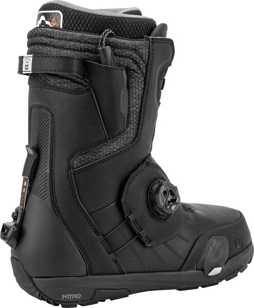 Black Nitro Profile Step On TLS snowboard boot for 2025, featuring secure lacing and snow-ready sole.