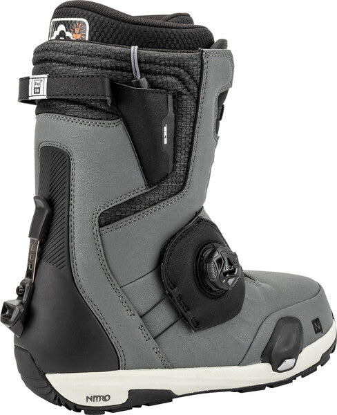 Black Nitro Profile Step On TLS snowboard boot for 2025, featuring a sturdy design and secure lacing, designed for snowboarding.
