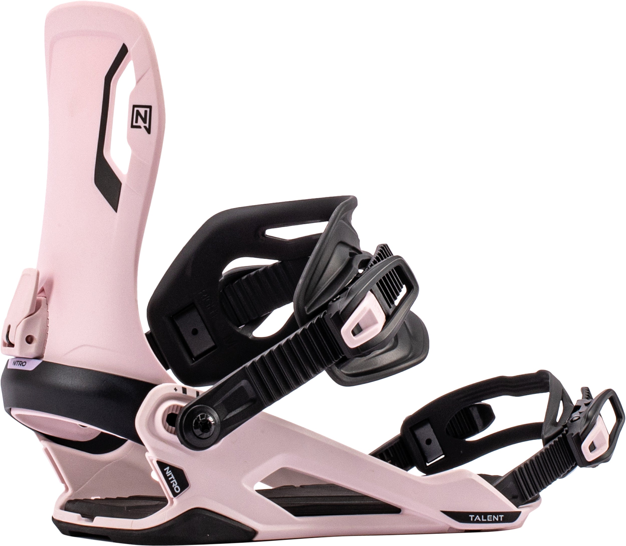 Nitro Talent snowboard bindings in bubble gum pink, designed for winter snowboarding, with adjustable straps and sturdy construction.