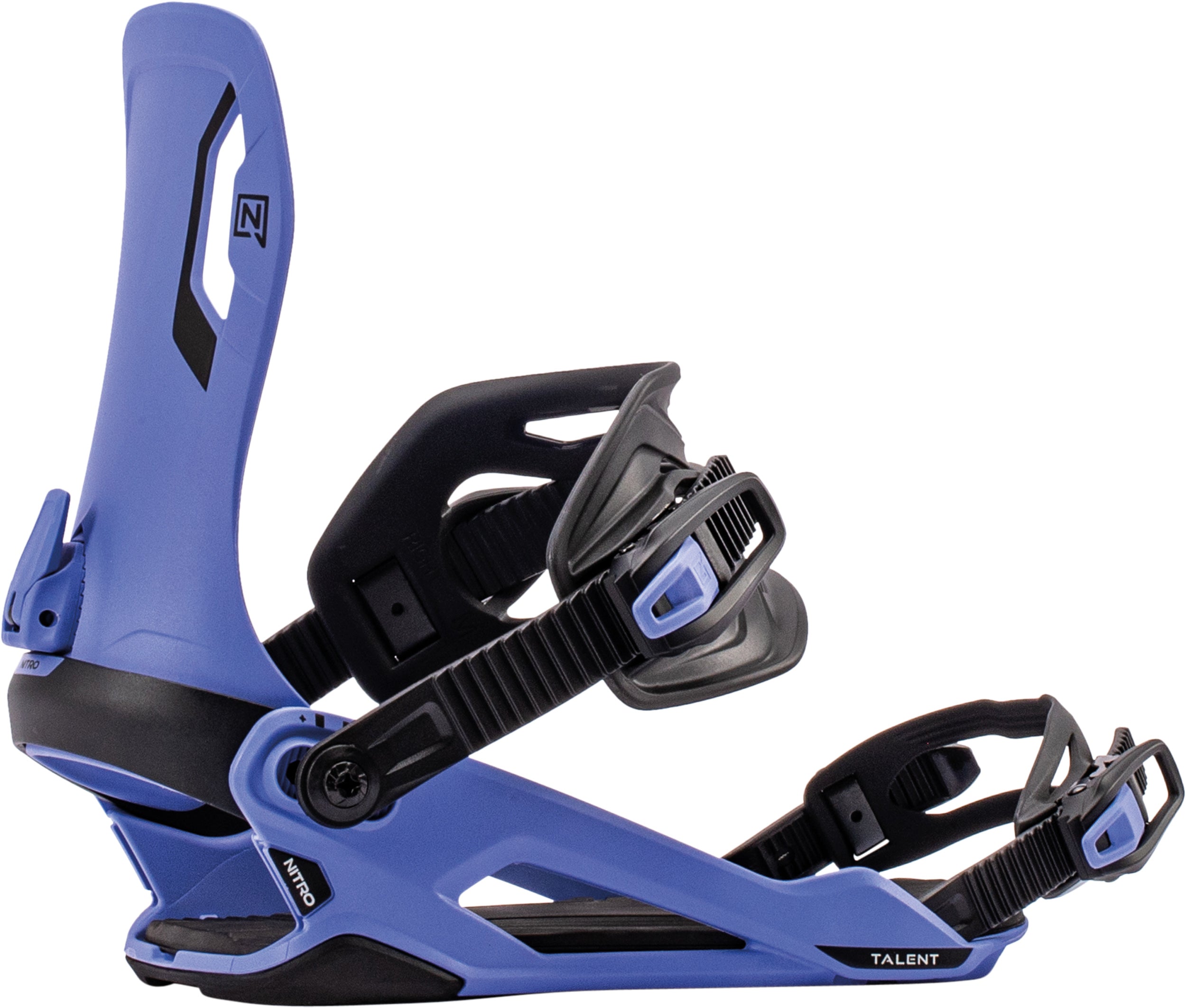 Nitro Talent snowboard bindings in violet mounted on a snowboard, showcasing the hard strap design for 2027 snowboarding gear.