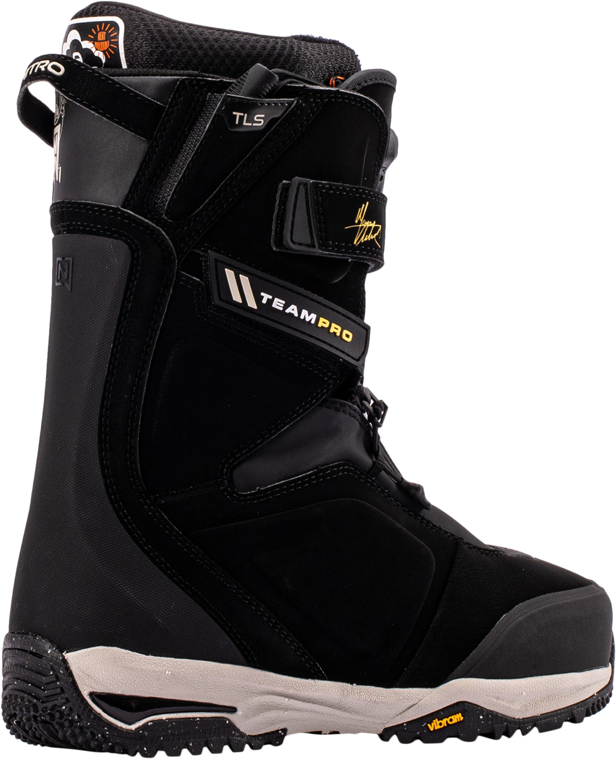 Nitro Team Pro Kleveland TLS snowboard boots for men, showing side view with black and white design and secure lacing system.