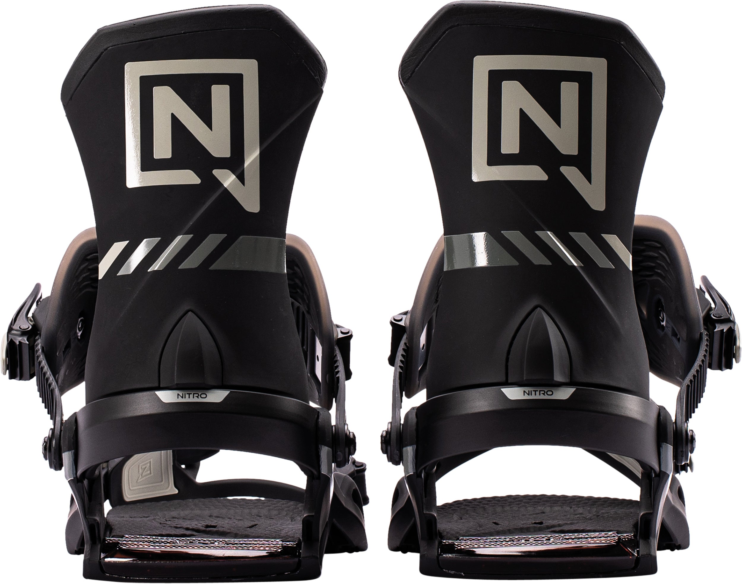 Black Nitro Team Pro snowboard bindings with highbacks, designed for performance and durability in snowboarding.