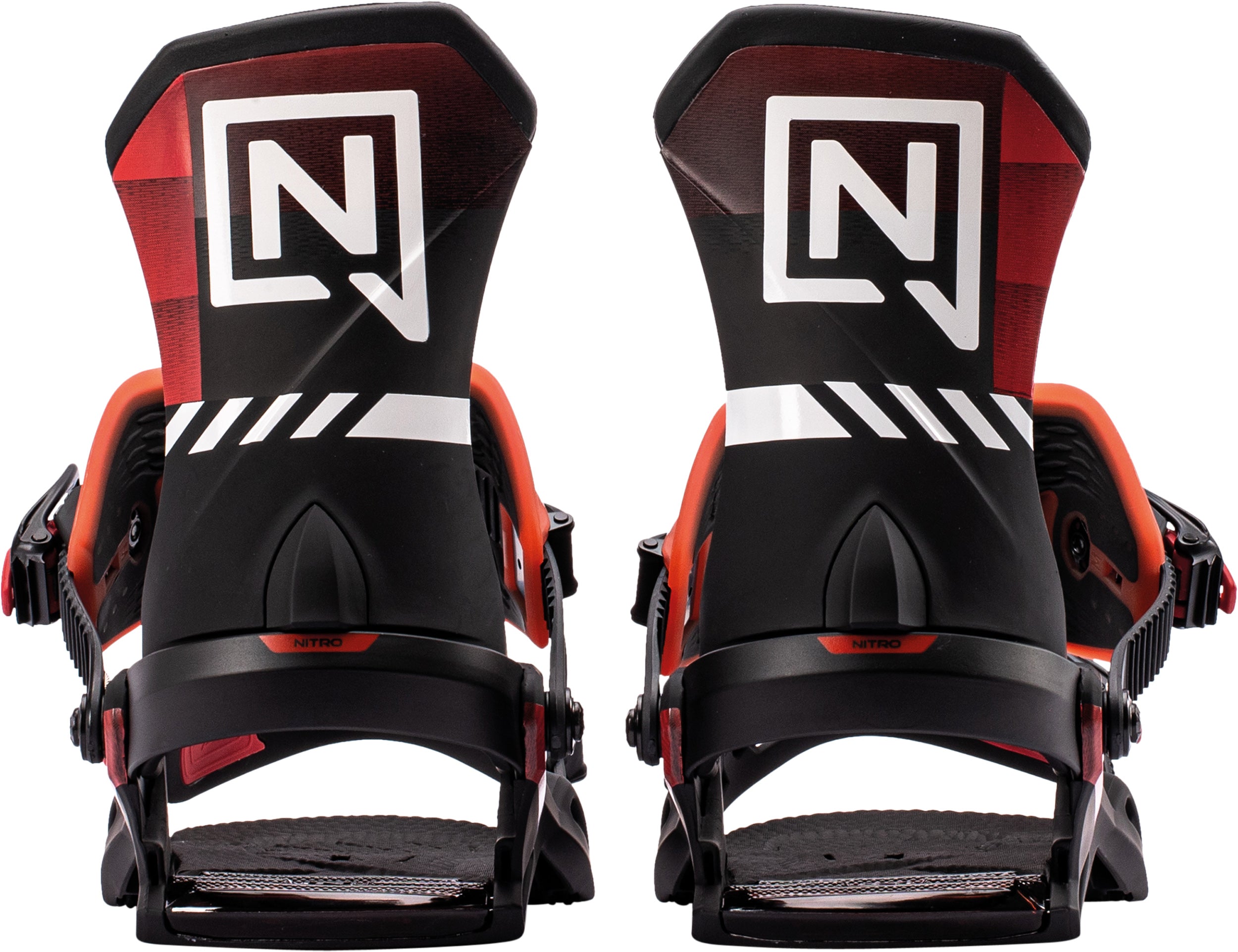 Black and red Nitro Team Pro snowboard bindings with highbacks, designed for performance and durability in snowboarding.