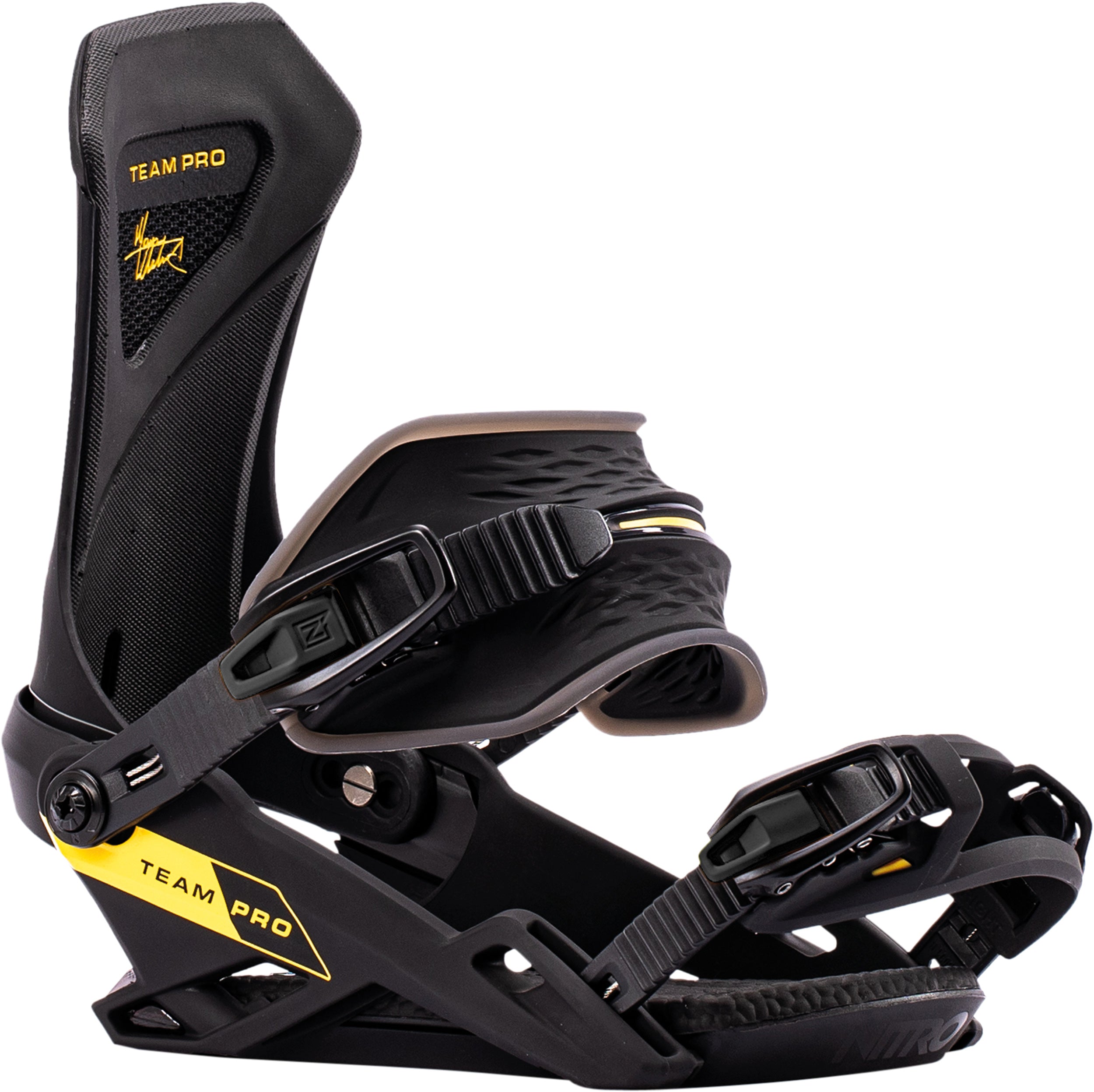 Nitro Team Pro snowboard bindings mounted on a snowboard, side view showing black and red design, for 2027 snowboarding gear.