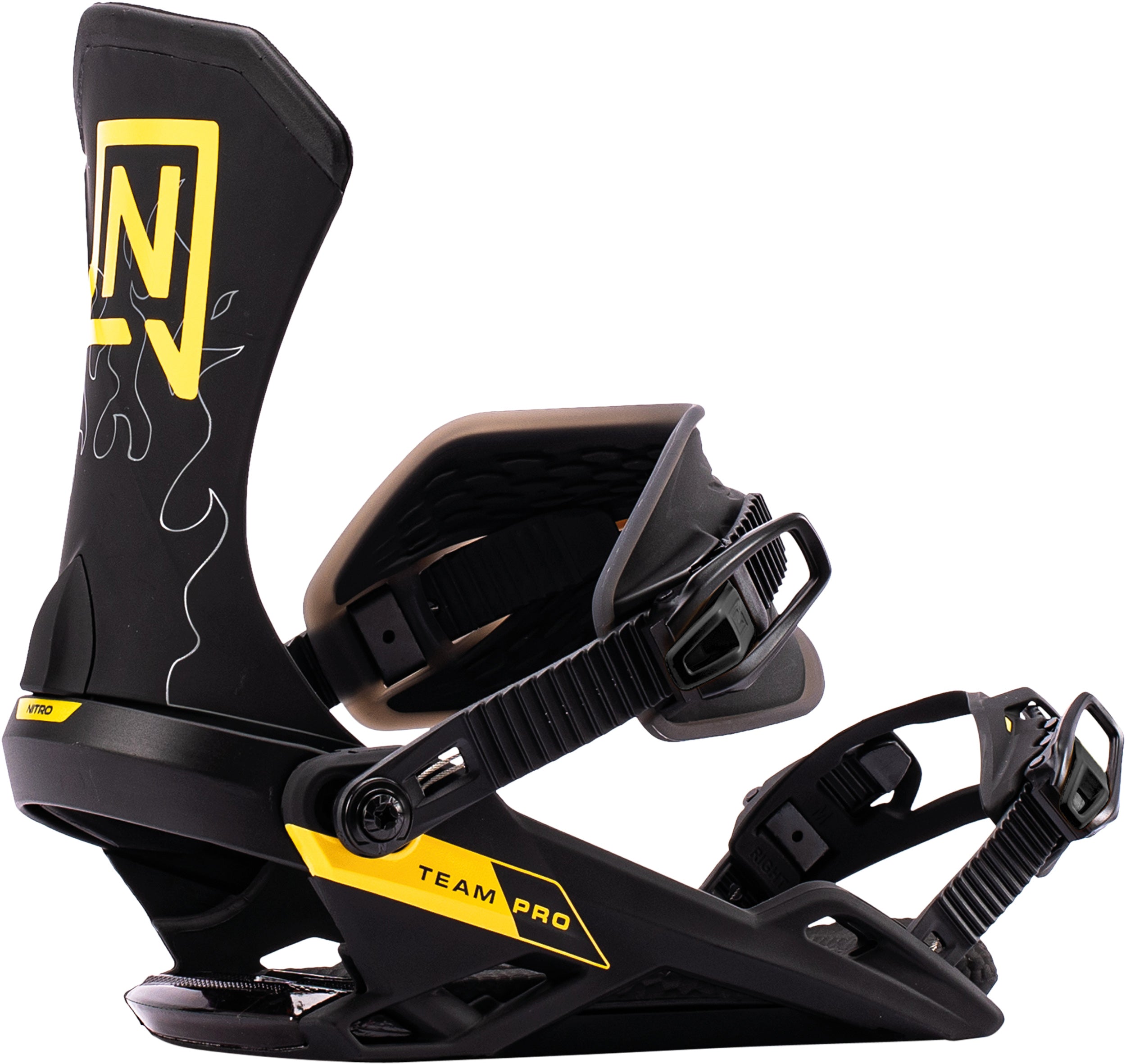 Nitro Team Pro snowboard bindings 2027 model shown on snowboard with Markus Kleveland, featuring durable straps and high-performance design.