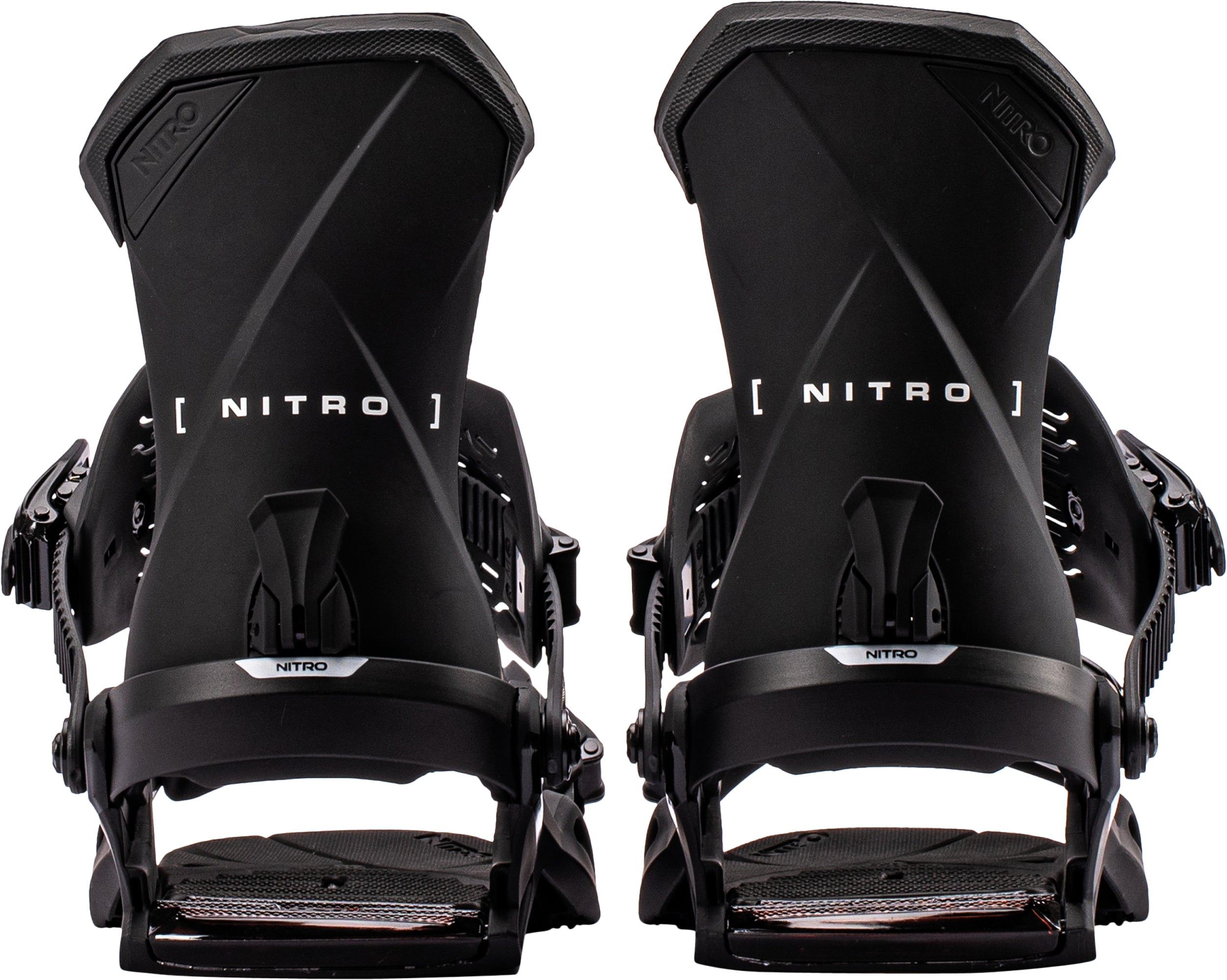 Black Nitro Team snowboard bindings with highbacks, designed for snowboarding performance and style.