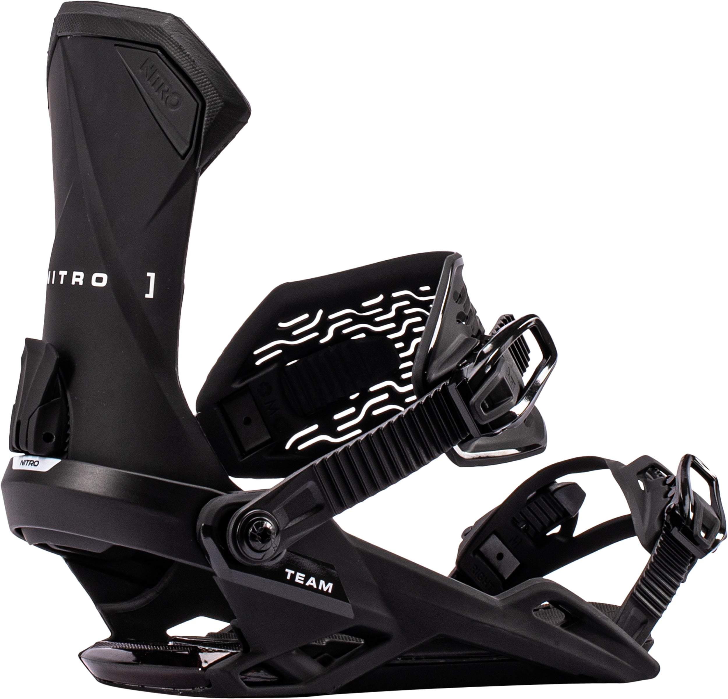 Black Nitro Team snowboard bindings for 2027, showing adjustable straps and high-back support on a snowboarding setup.