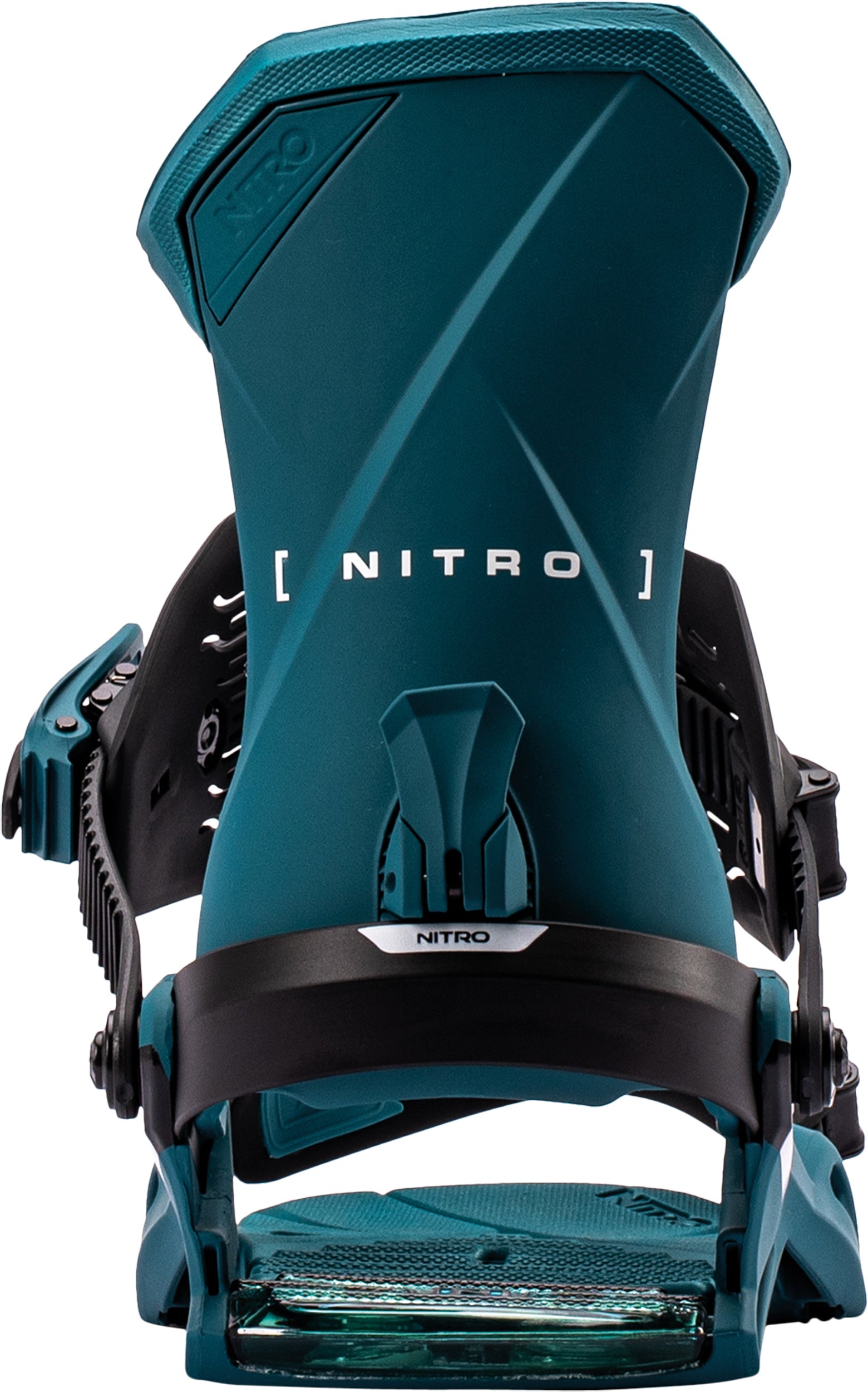 Nitro Team snowboard bindings in teal with highback, designed for snowboarding performance and durability.