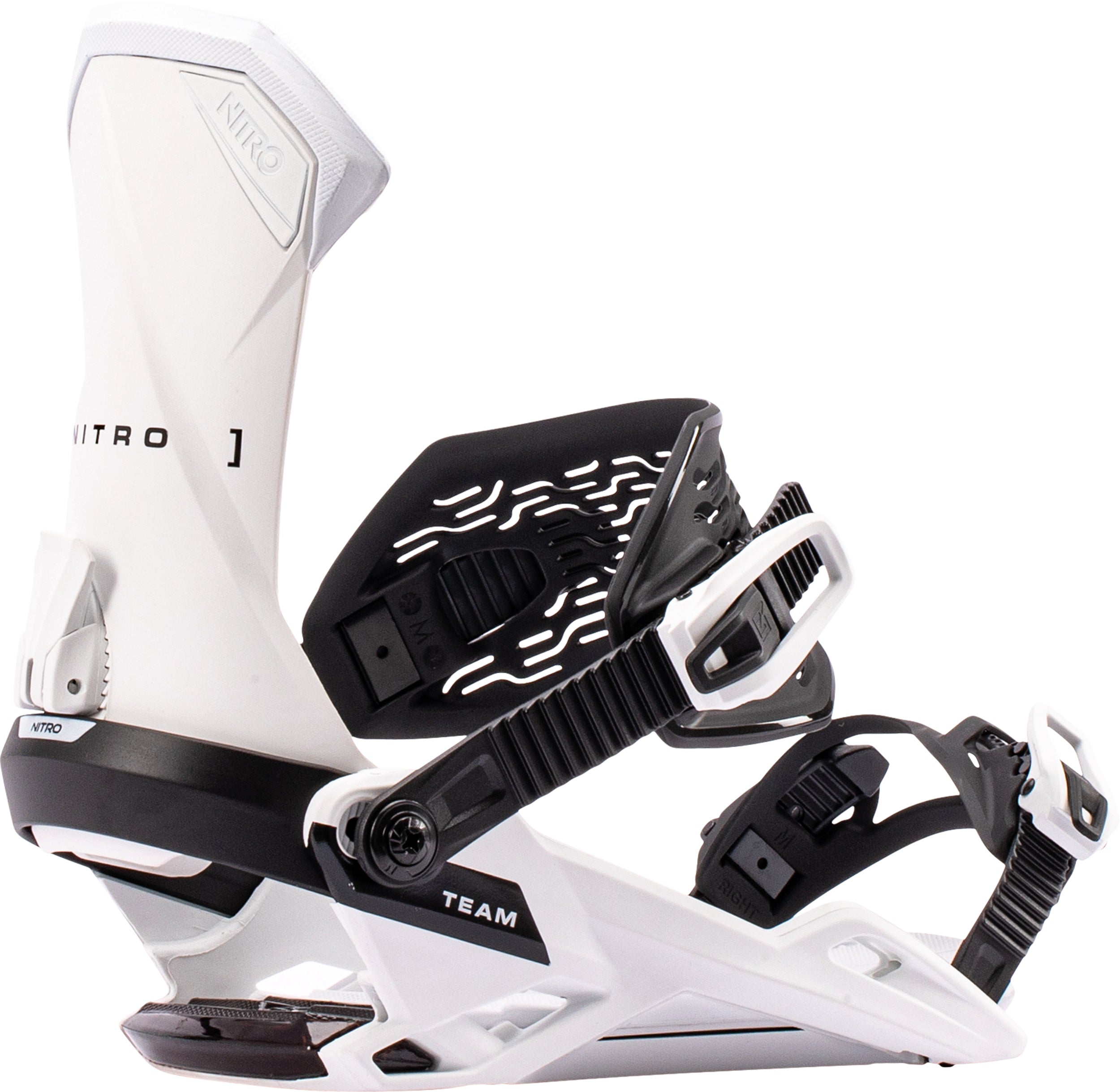 White Nitro Team snowboard bindings 2027 mounted on a snowboard, showcasing durable straps and high-performance design for snowboarding.