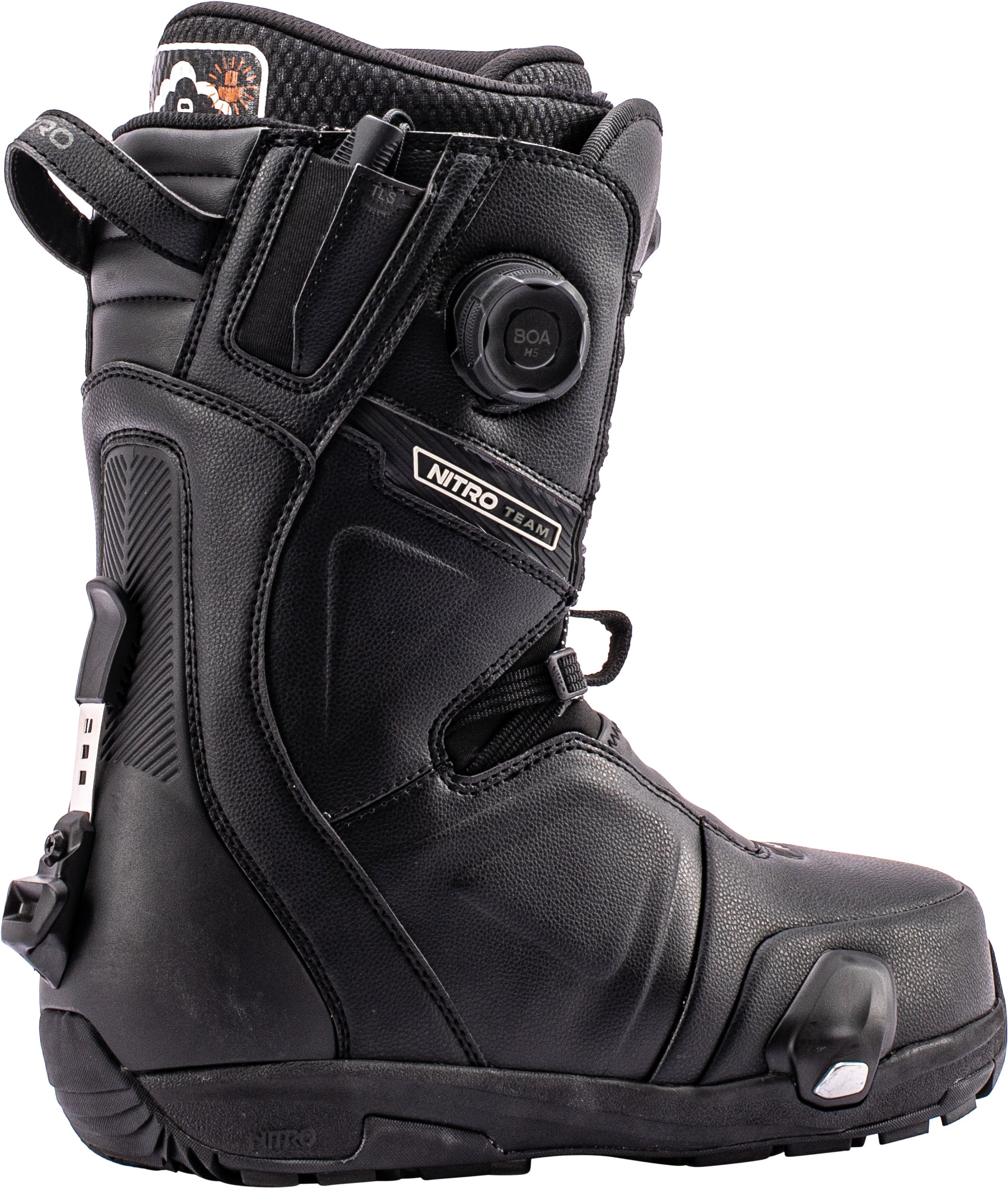 Black Nitro Team Step On TLS snowboard boots for 2027 shown from the side, featuring a sleek design for snowboarding.