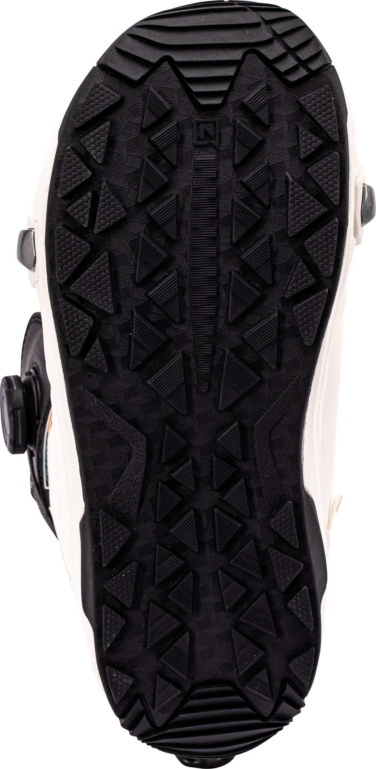 White and black Nitro Team Step On TLS snowboard boots for 2027, featuring a durable sole and comfortable snowboarding design.
