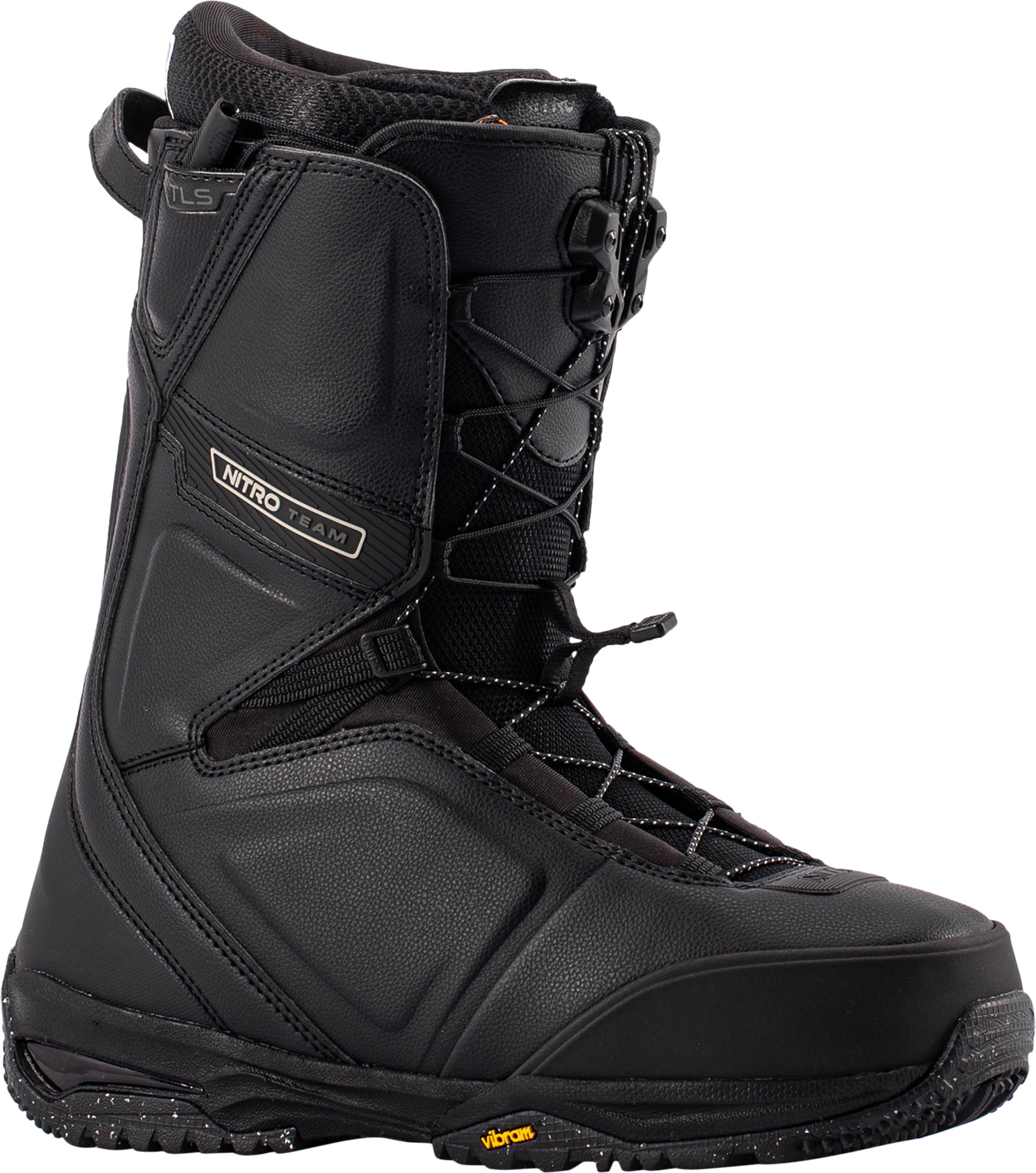 Black Nitro Team TLS snowboard boots for 2027 with secure lacing system, designed for snowboarding comfort and performance.