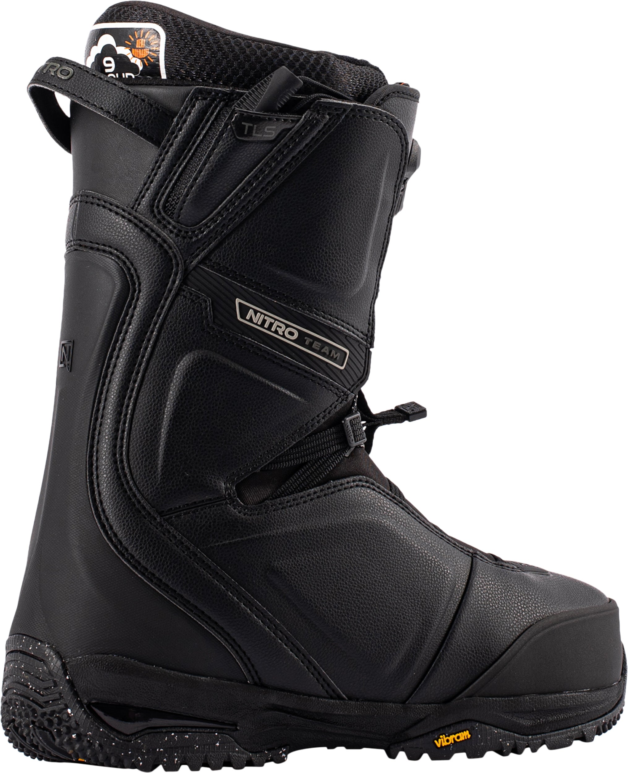 Nitro Team TLS Snowboard Boots in black, side view showing secure lacing system and durable snowboarding design.