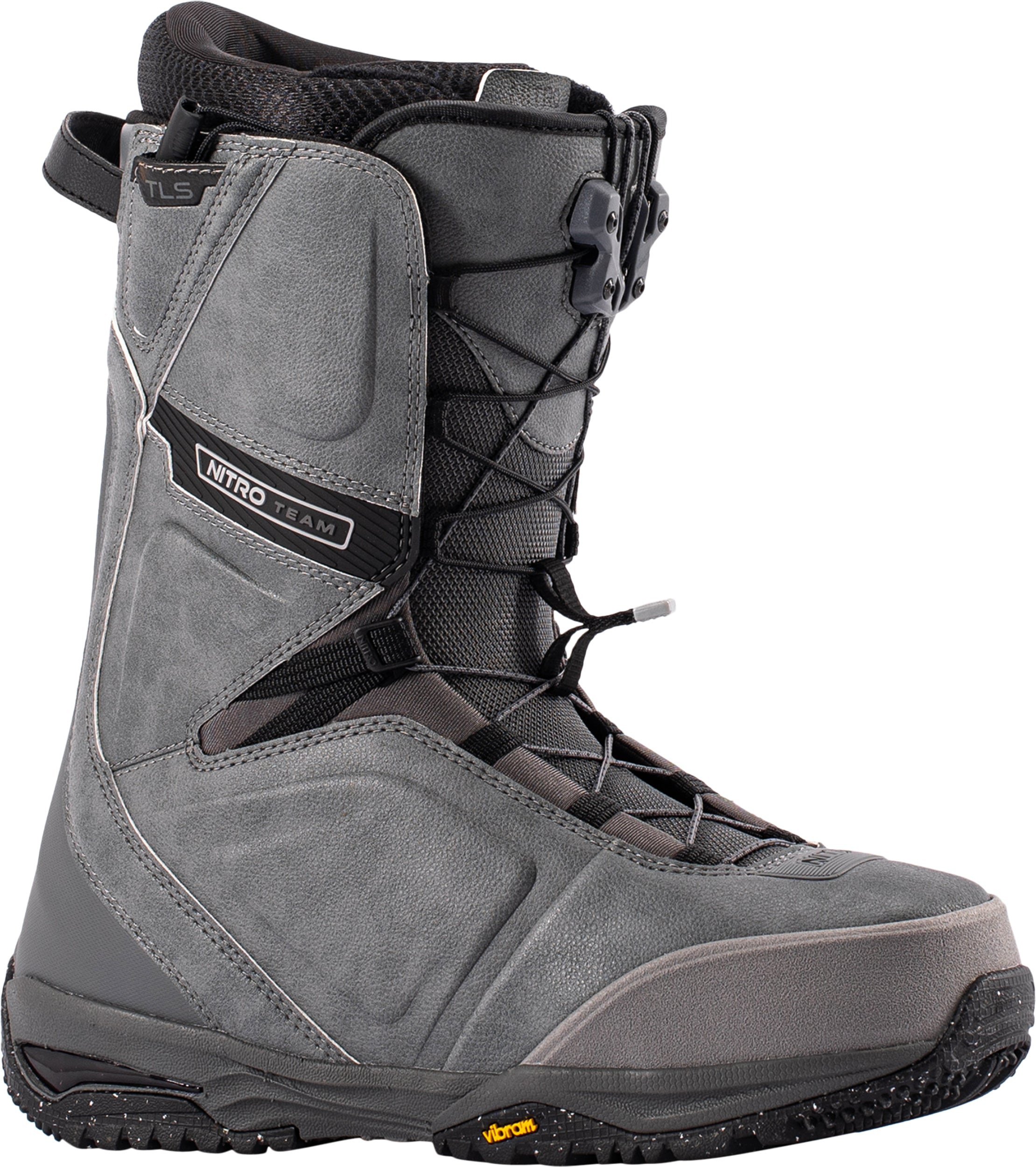 Grey Nitro Team TLS Snowboard Boots 2027 with secure lacing system, designed for optimal performance and comfort on snow.