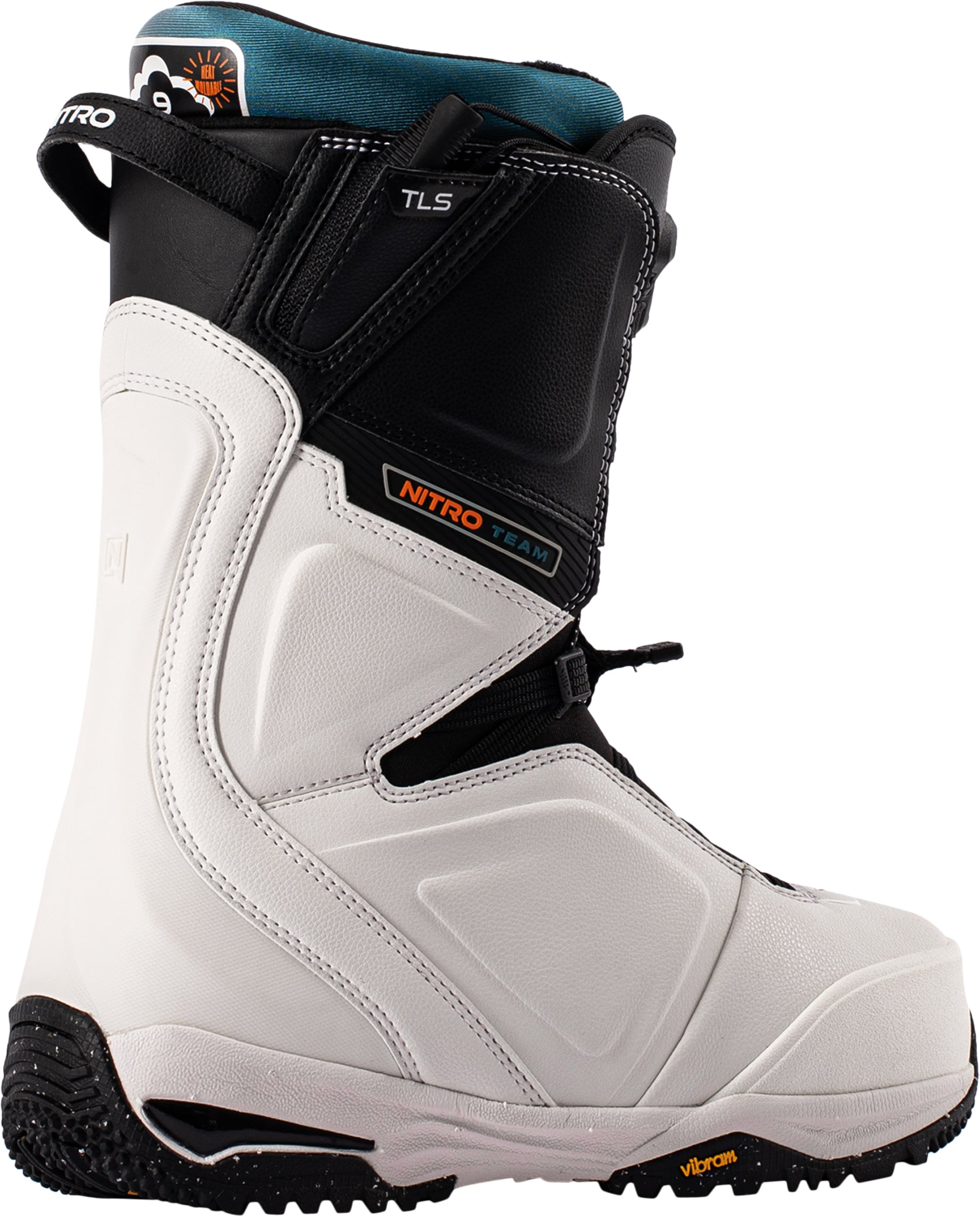 White Nitro Team TLS snowboard boot for snowboarding, shown from the side with branding and lacing details.