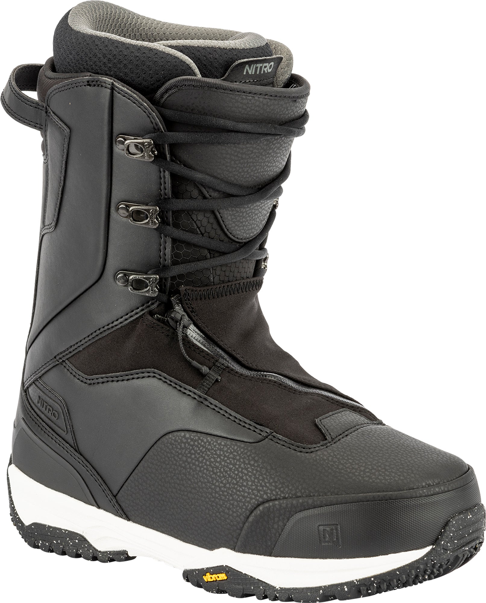 Black Nitro Venture Pro Lace Snowboard Boots for 2027, featuring sturdy lacing and snowboard-ready design.