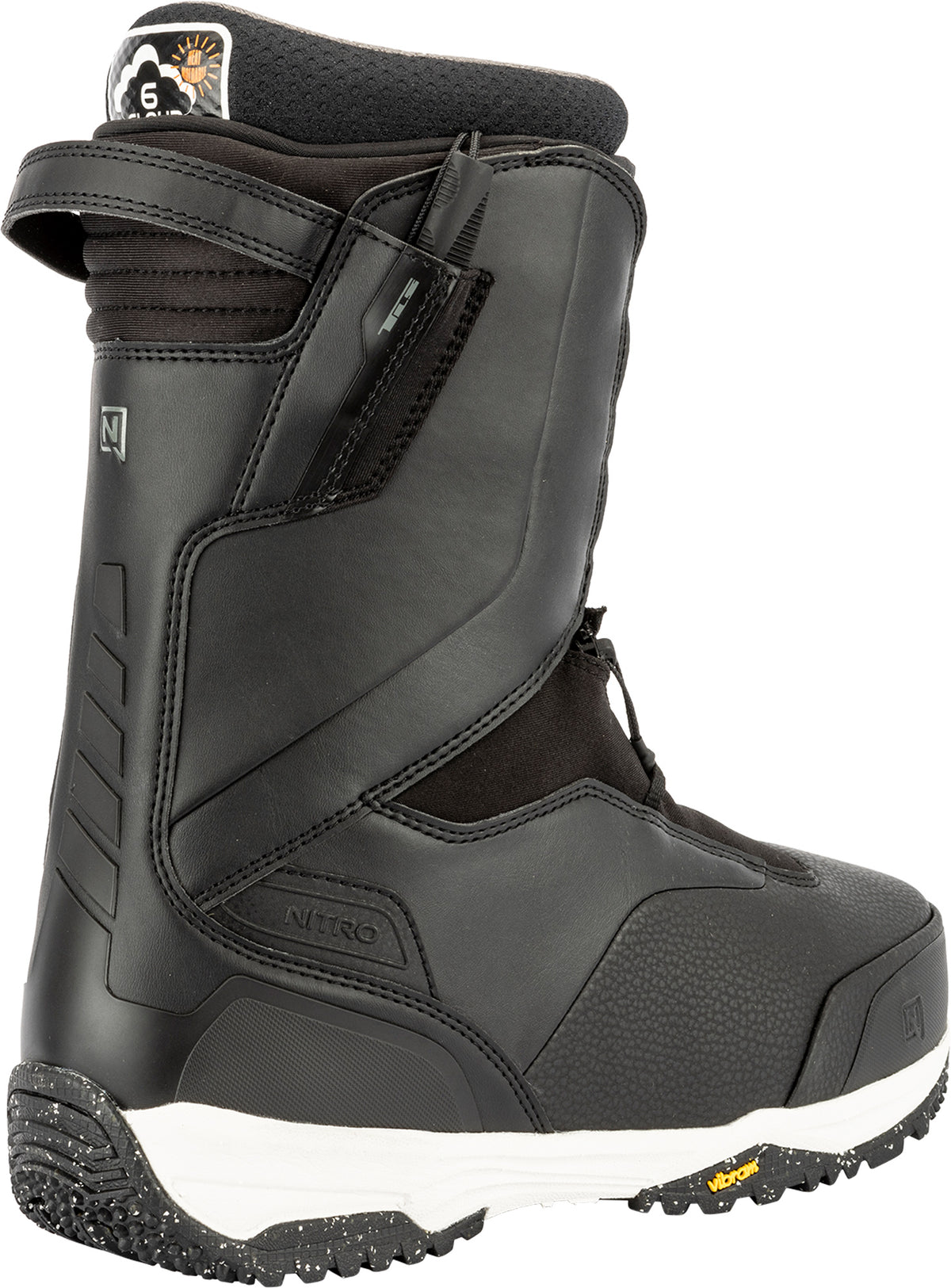 Black Nitro Venture Pro TLS snowboard boots for 2027, showing the back view with secure lacing and padded design for snowboarding.