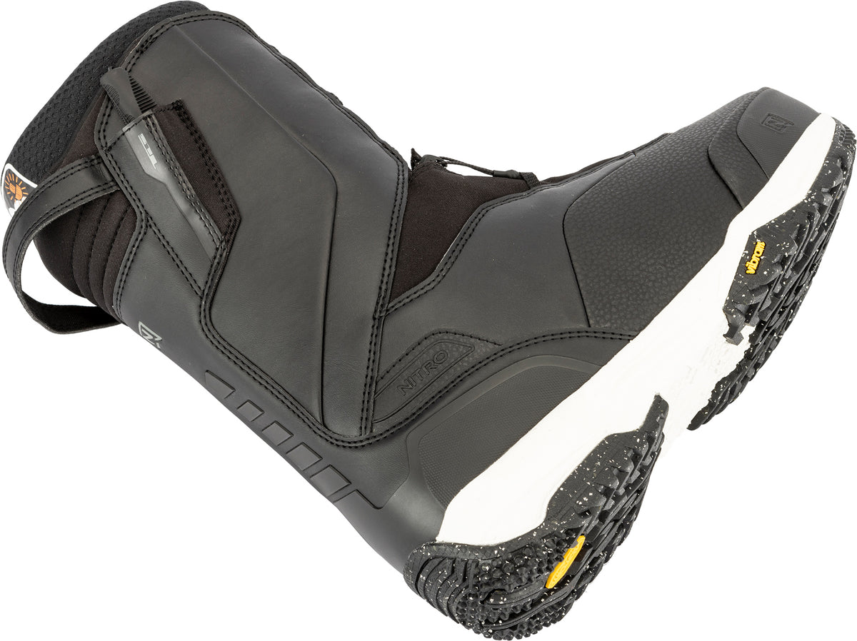 Black Nitro Venture Pro TLS snowboard boots for 2027, displayed flat with lacing system and branding details.