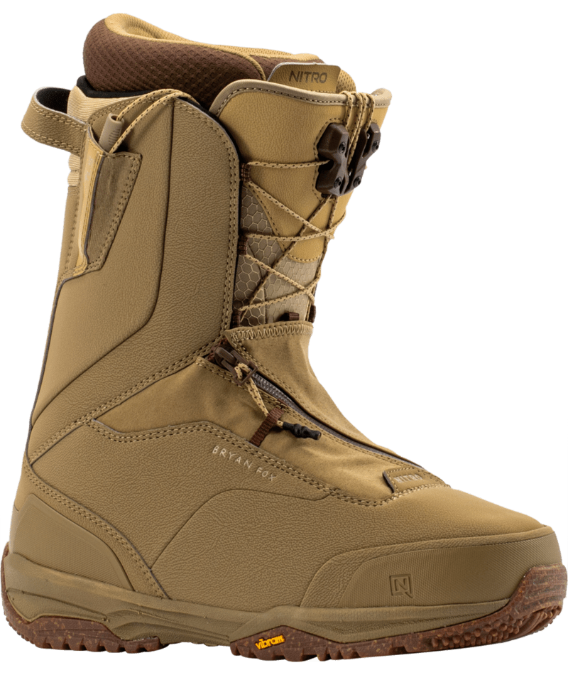 Brown Nitro Venture Pro TLS snowboard boots designed for winter snowboarding, shown from an overview angle.