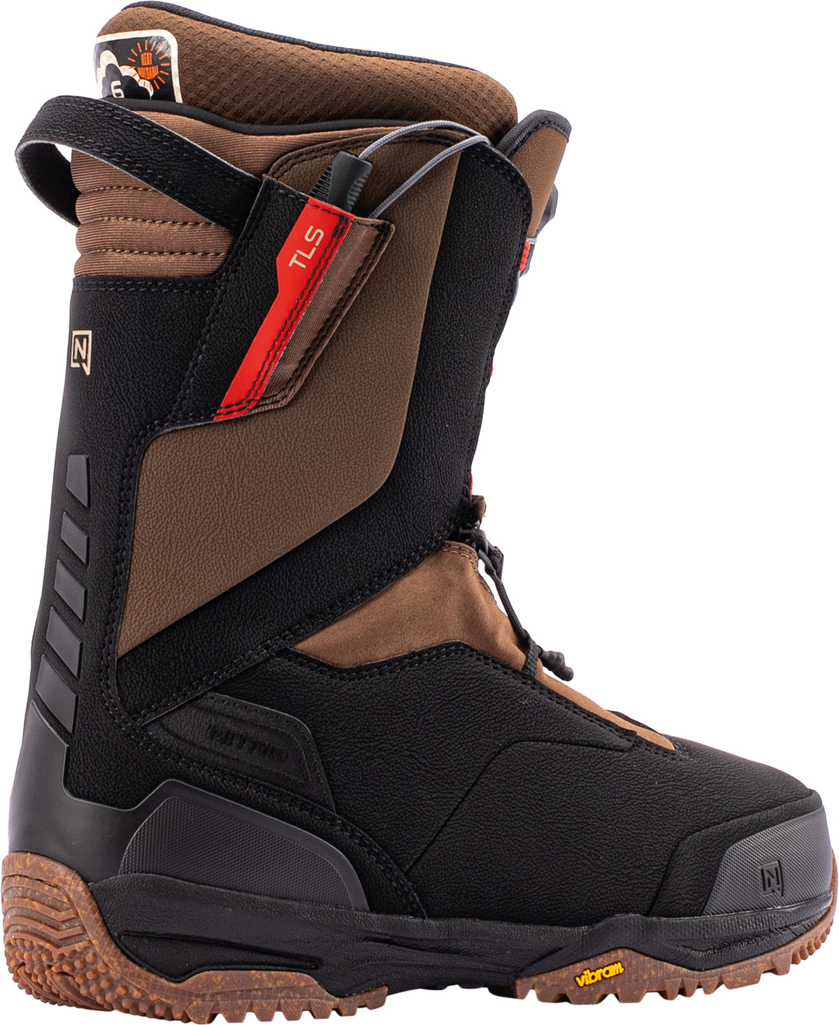 Nitro Venture Pro TLS snowboard boots in brown and black, side view showcasing durable snowboarding footwear.