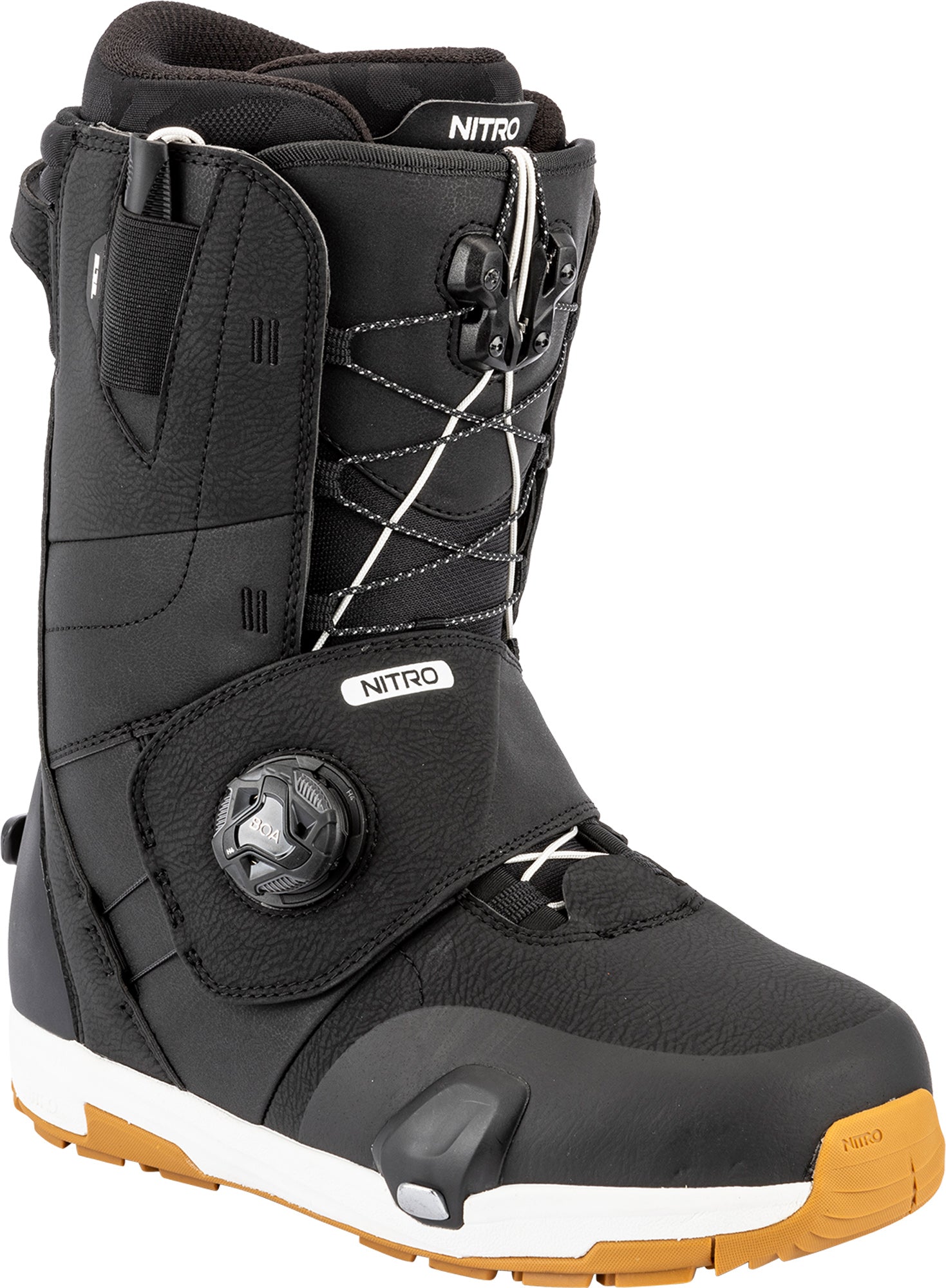 Black Nitro Venture Step On TLS snowboard boots for 2027, featuring a sturdy design and secure fit, ideal for snowboarding.