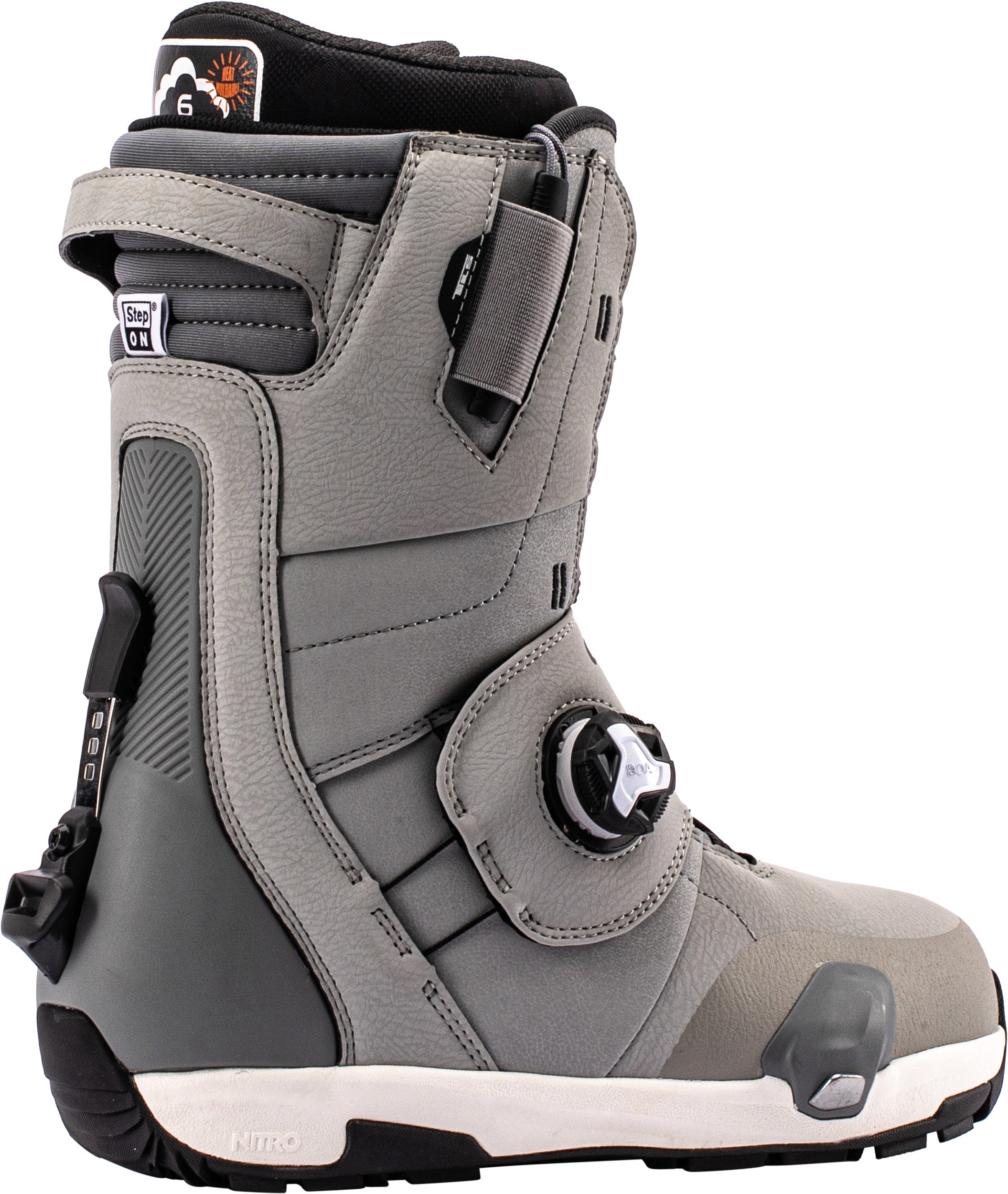 Nitro Venture TLS snowboard boots in grey, side view, designed for snowboarding with step-on compatibility and secure fit.