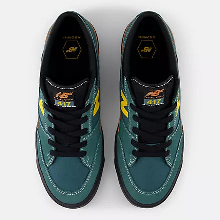 New Balance Numeric Franky Villani 417 low skate shoes in green and black with white accents, featuring a sleek design and durable construction.