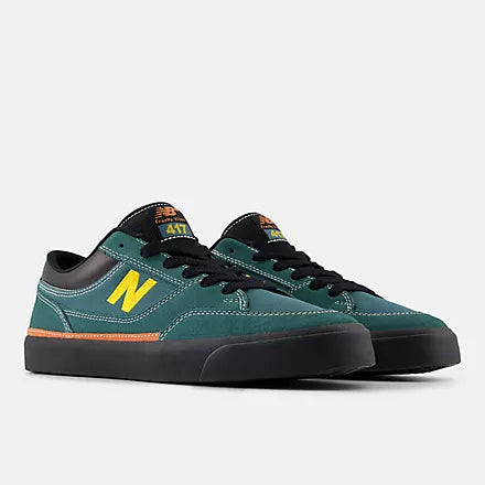 New Balance Numeric Franky Villani 417 low skate shoes in green and black with white accents, casual sneaker style.