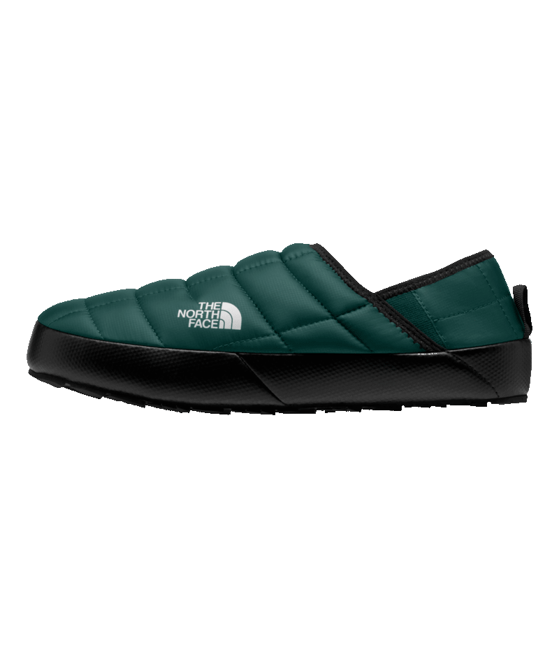 A single The North Face slipon slipper in dark green and black, shown in a side profile on a plain white background.